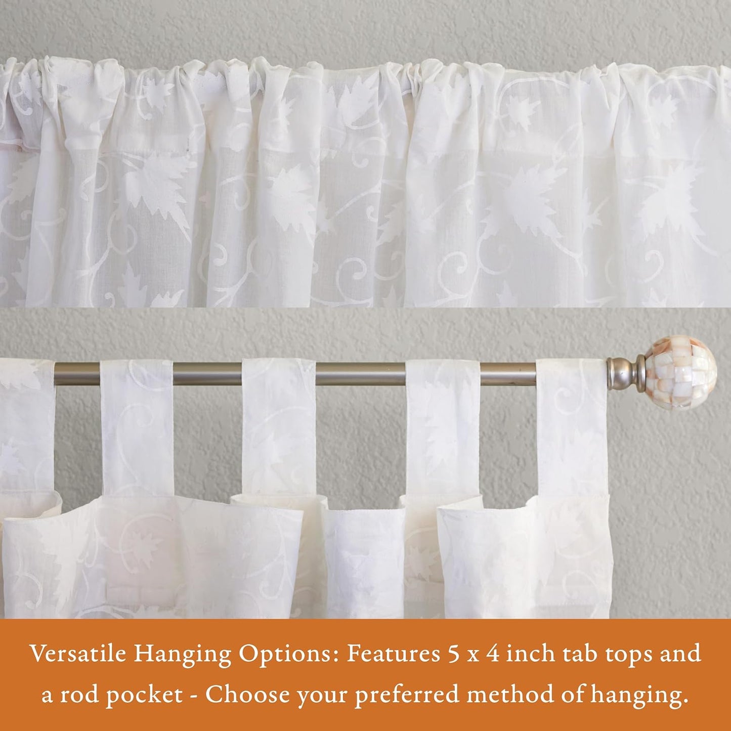 White Sheer Curtain Panel with Tieback, Ivy Lace Leaf Design Tab Top for Light Filtering & Privacy 100% Cotton Voile Hand Block Printed 44 x 84 Inches