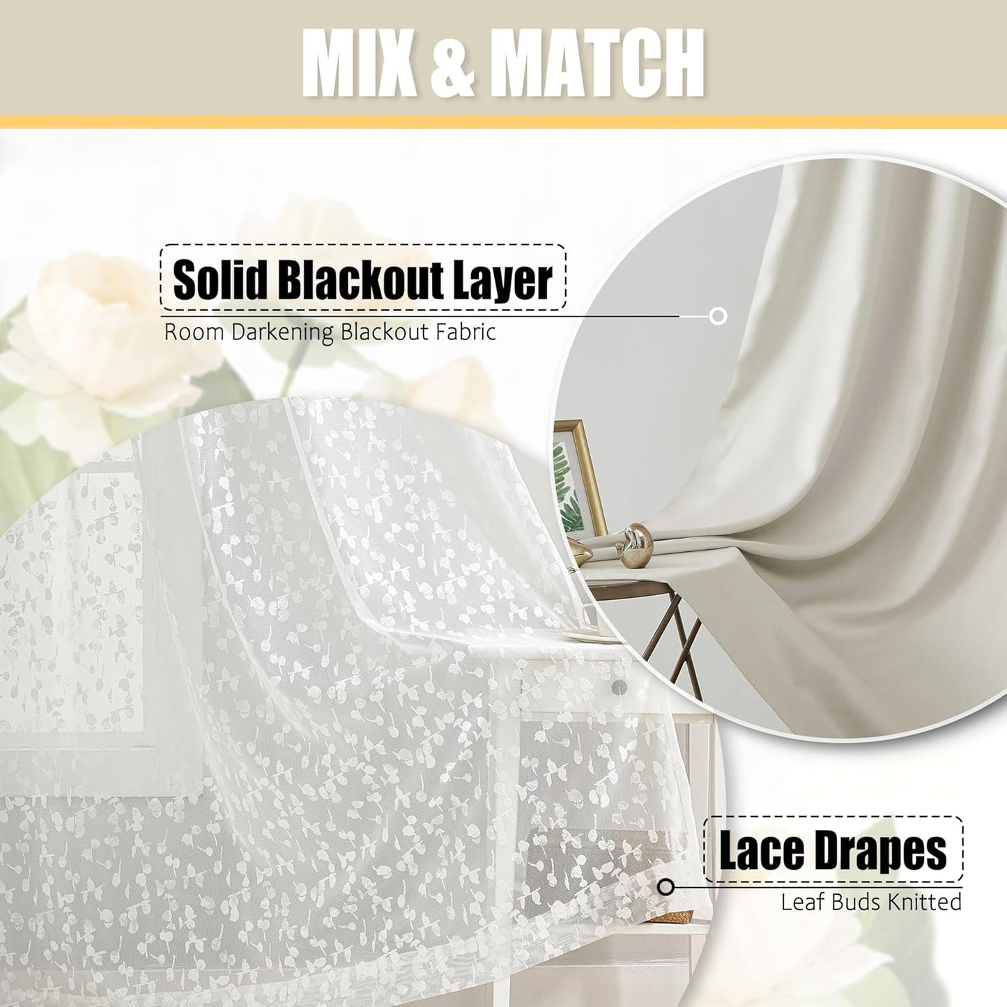 Jubilantex Mix Matched Curtains Leaf Sheer Lace 2 Panels & 2 Full Blackout Curtains Room Darkening Beige Window Treatments for Bedroom Living Room Grommet Top Design 52" W x 84" L Beige & White