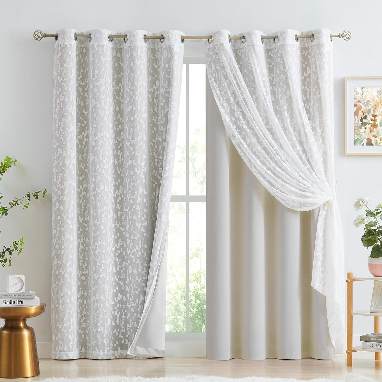 Jubilantex Mix Matched Curtains Leaf Sheer Lace 2 Panels & 2 Full Blackout Curtains Room Darkening Beige Window Treatments for Bedroom Living Room Grommet Top Design 52" W x 84" L Beige & White