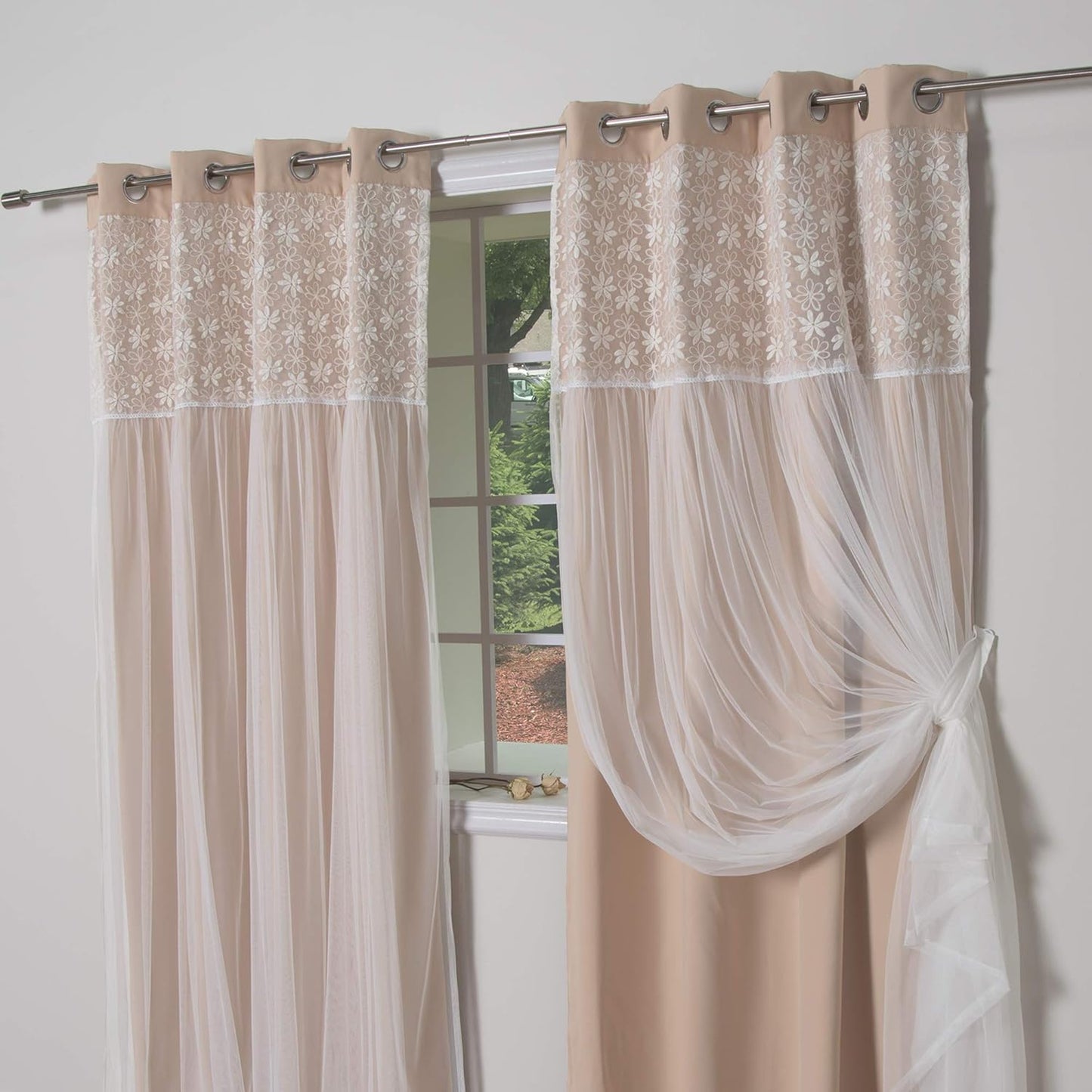 Best Home Fashion Floral Lace Overlay Thermal Insulated Blackout Curtains - Stainless Steel Nickel Grommet Top - Indiepink - 52"W x 84"L - (Set of 2 Panels)