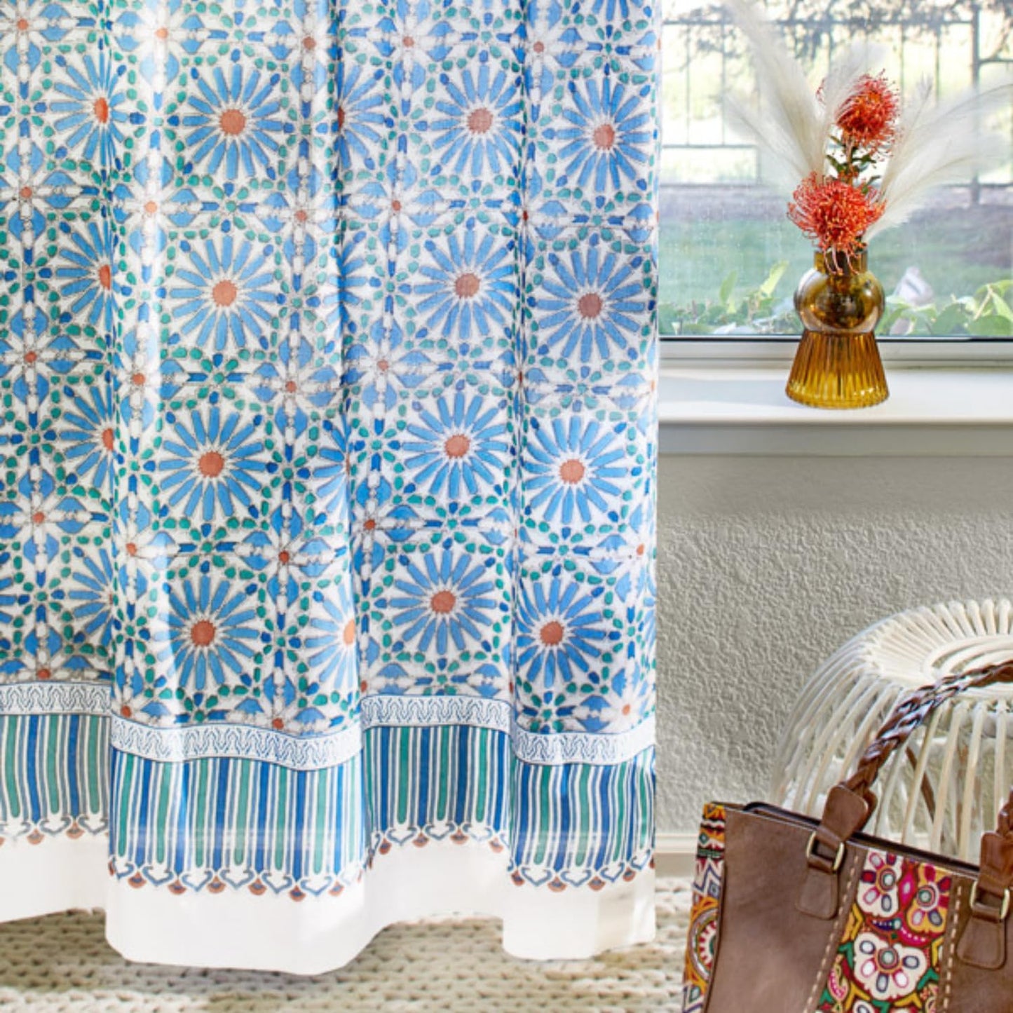 White Sheer Curtain Panel with Tieback, Ivy Lace Leaf Design Tab Top for Light Filtering & Privacy 100% Cotton Voile Hand Block Printed 44 x 84 Inches