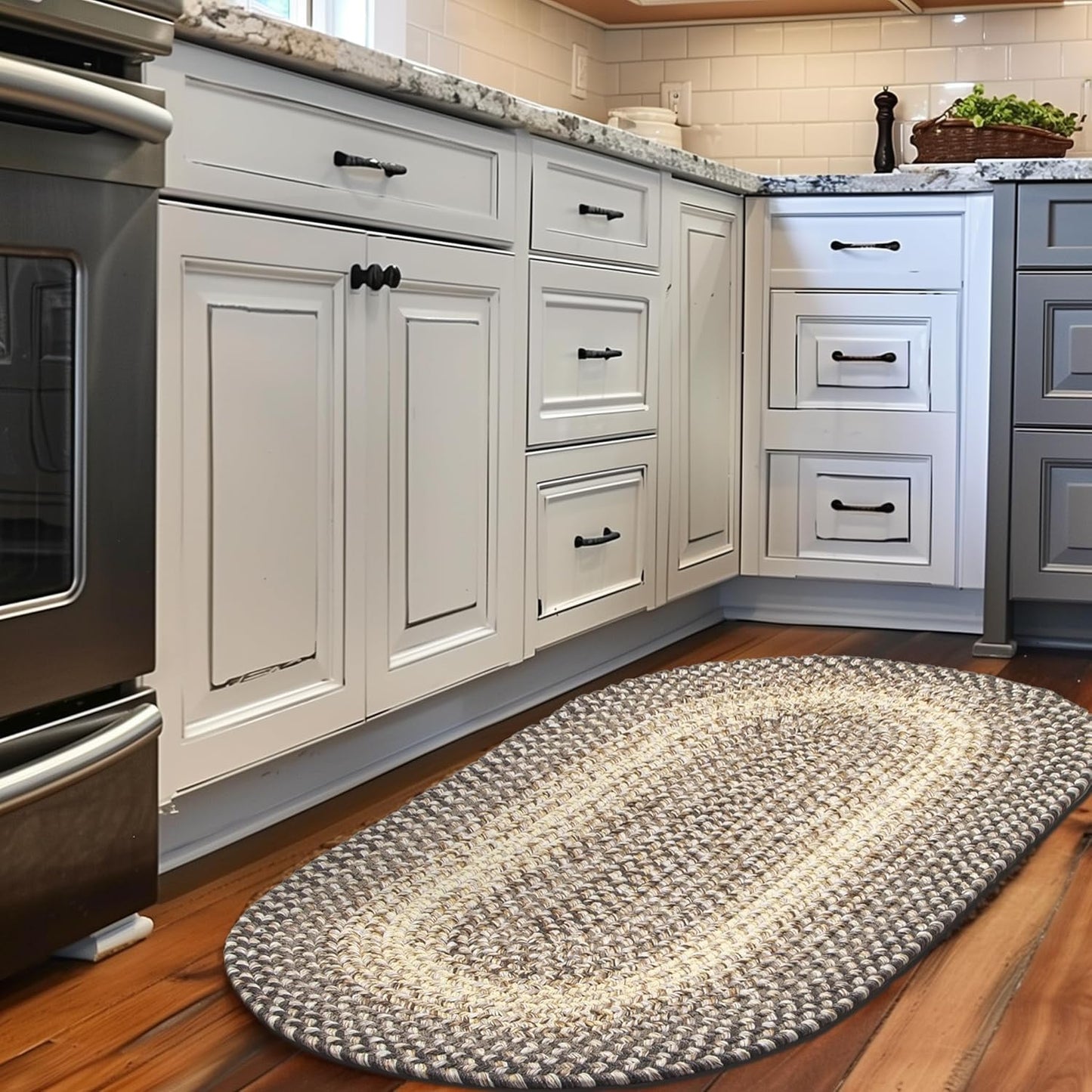 Super Area Rugs Braided Rugs Round 4ft Farmhouse Kitchen Rug - Ridgewood Gray Braided Rug for Dining Room Table - Reversible - Indoor/Outdoor - Made in USA - Graphite/Beige, 4' Round