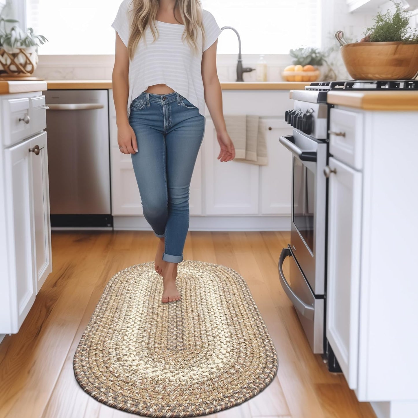 Super Area Rugs Braided Rugs Round 4ft Farmhouse Kitchen Rug - Ridgewood Gray Braided Rug for Dining Room Table - Reversible - Indoor/Outdoor - Made in USA - Graphite/Beige, 4' Round