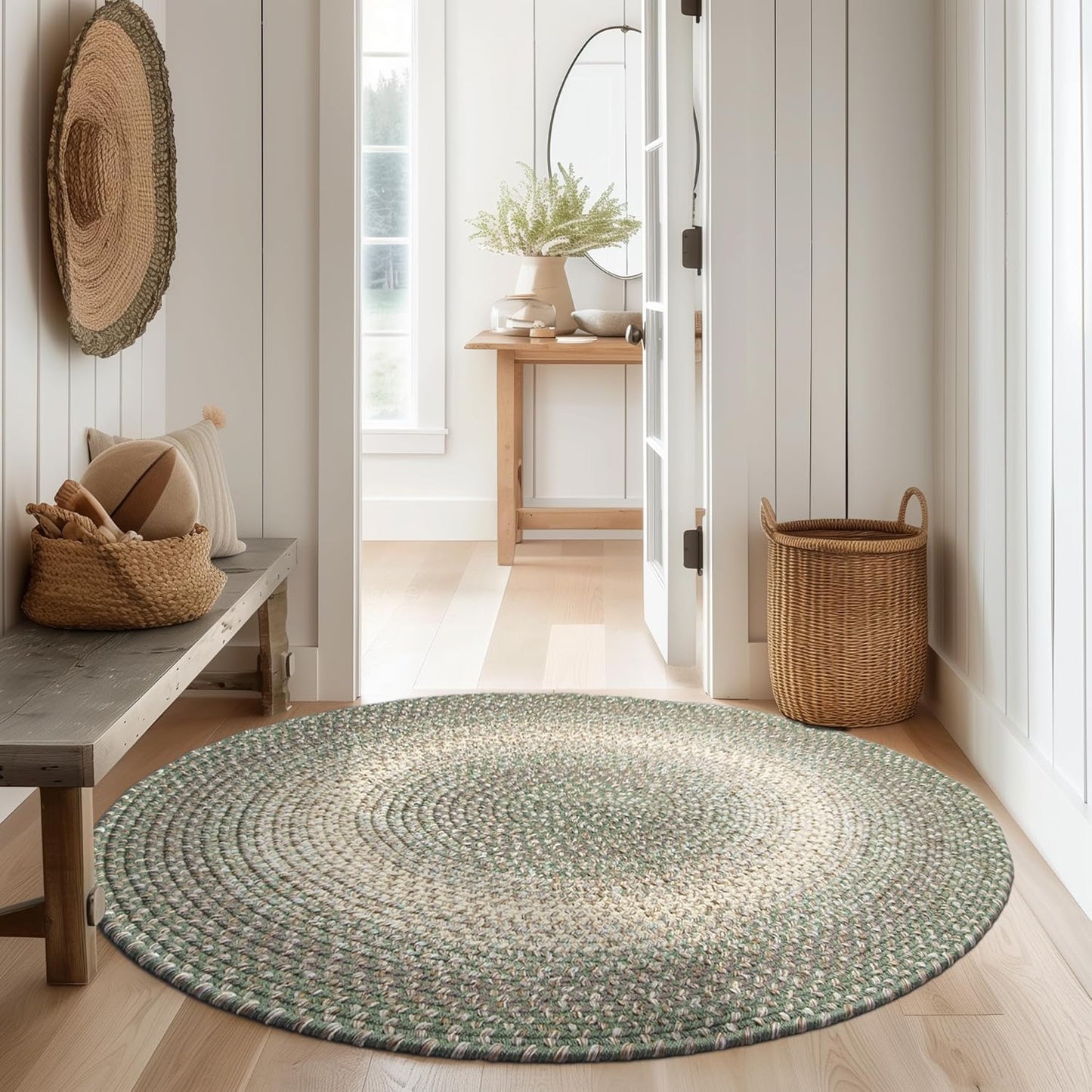 Super Area Rugs Braided Rugs Round 4ft Farmhouse Kitchen Rug - Ridgewood Gray Braided Rug for Dining Room Table - Reversible - Indoor/Outdoor - Made in USA - Graphite/Beige, 4' Round