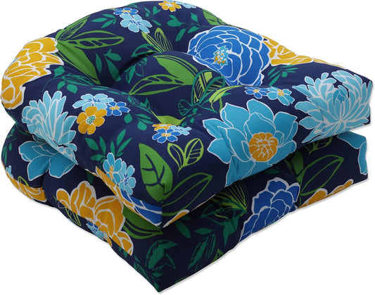 Pillow Perfect Floral Indoor/Outdoor Chair Seat Cushion, Tufted, Weather, and Fade Resistant, 19" x 19", Blue/Yellow Spring Bling, 2 Count