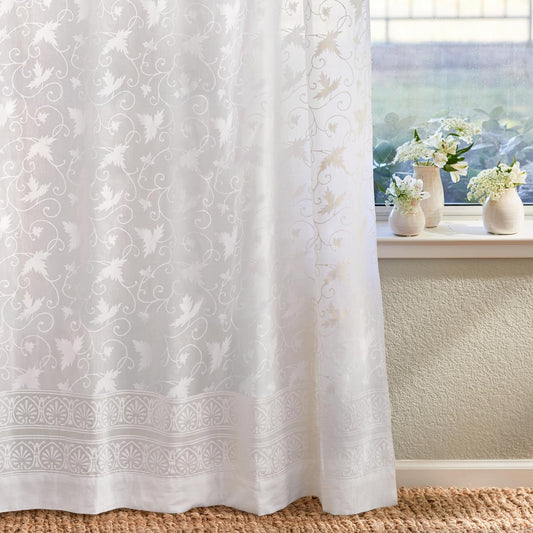 White Sheer Curtain Panel with Tieback, Ivy Lace Leaf Design Tab Top for Light Filtering & Privacy 100% Cotton Voile Hand Block Printed 44 x 84 Inches