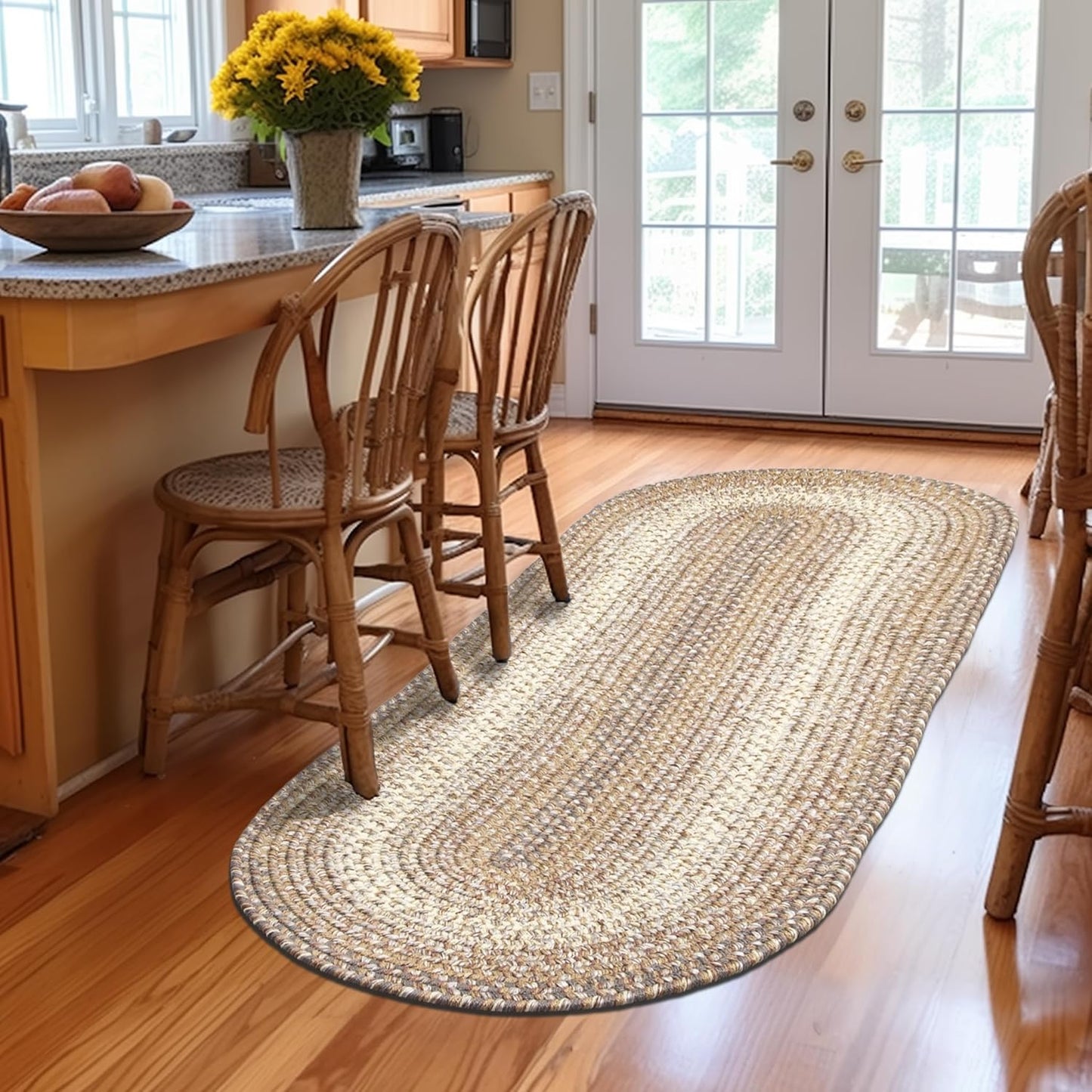 Super Area Rugs Braided Rugs Round 4ft Farmhouse Kitchen Rug - Ridgewood Gray Braided Rug for Dining Room Table - Reversible - Indoor/Outdoor - Made in USA - Graphite/Beige, 4' Round