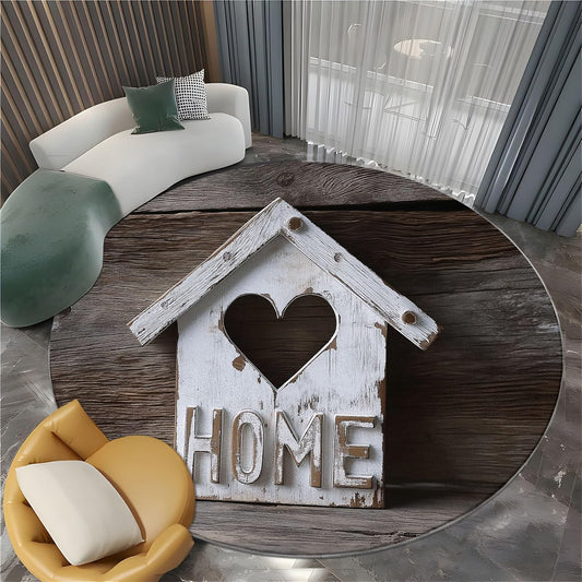 Round Area Rug 7 ft Country Style White Wood House Non-Slip Washable Round Rug, Tan Accent Carpet for Dining Room, Living Room, Bedroom, Entryway and Kitchen