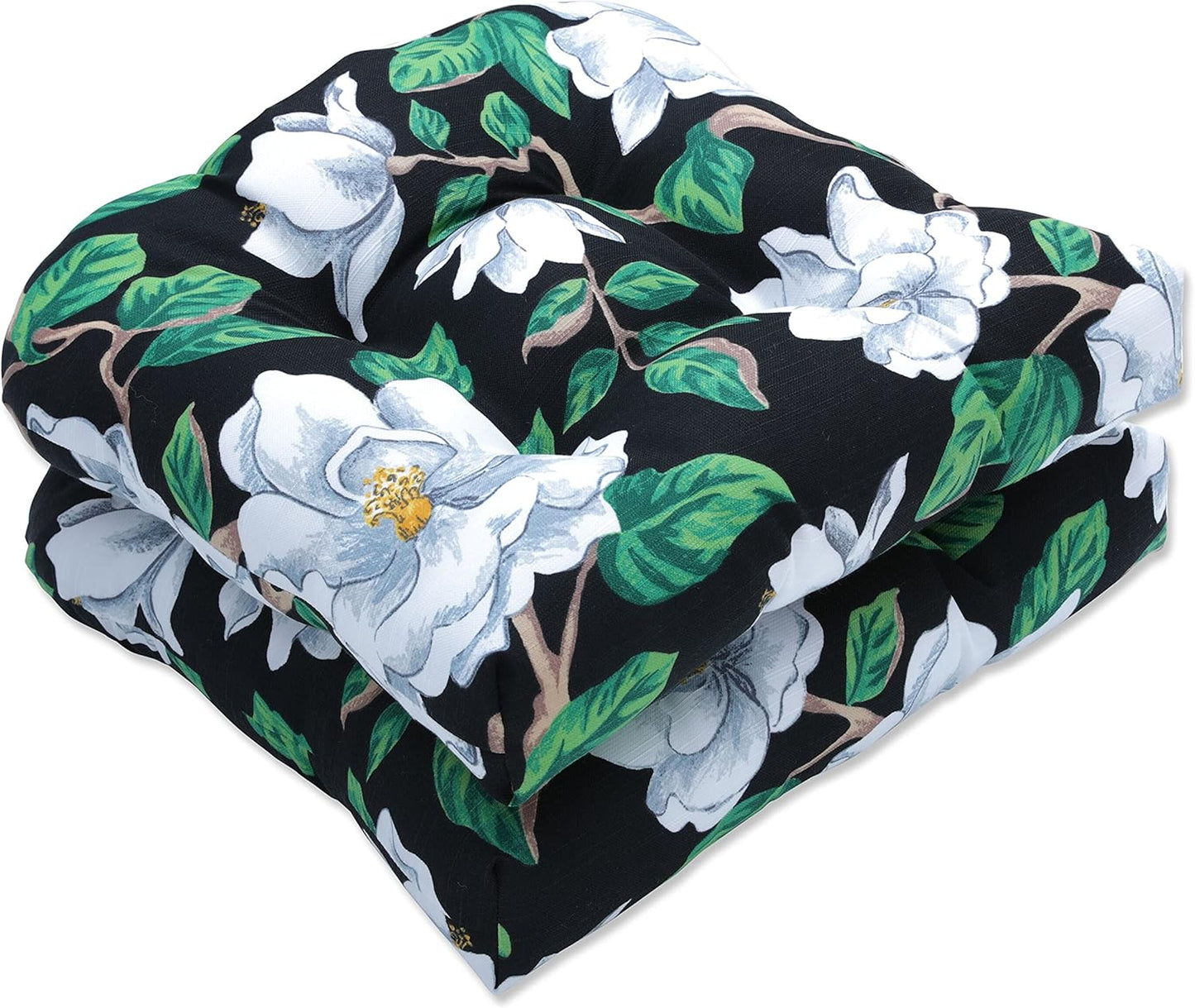Pillow Perfect Floral Indoor/Outdoor Chair Seat Cushion, Tufted, Weather, and Fade Resistant, 19" x 19", Blue/Yellow Spring Bling, 2 Count