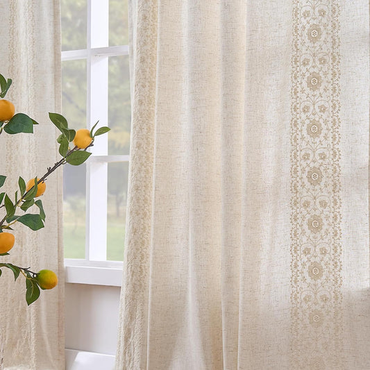 jinchan Boho Lined Linen Curtains for Bedroom Ivory Vintage Floral Farmhouse Curtains 84 Inches Long Linen Blend Drapes for Living Room Embroidered Drapes Rod Pocket Ivory on Beige 2 Panels
