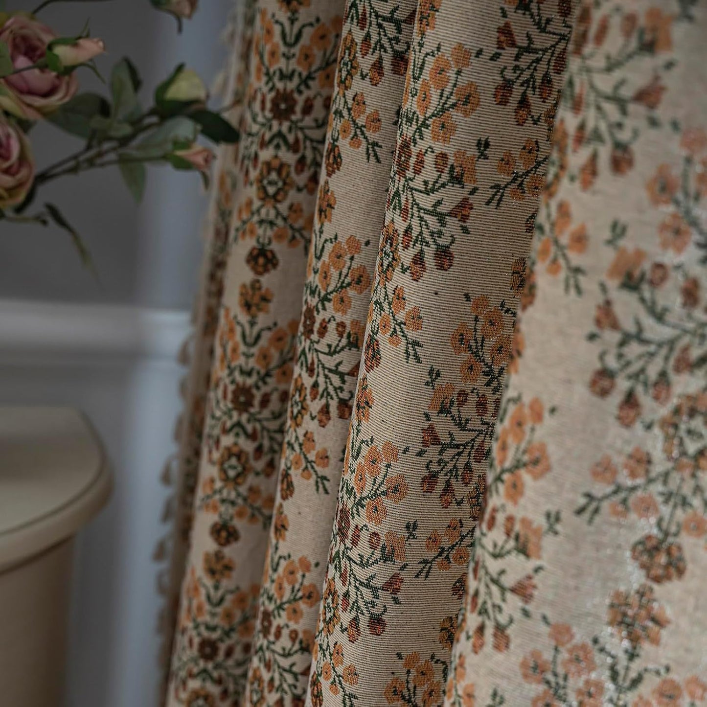 ENJOYBRIDAL Floral Curtains 84 Inch Length 2 Panels Vintage Flower Patterned Drapes Boho Semi Sheer Tassel Rustic Country Rod Pocket Botanical Farmhouse Window Curtain Panels for Bedroom Living Room