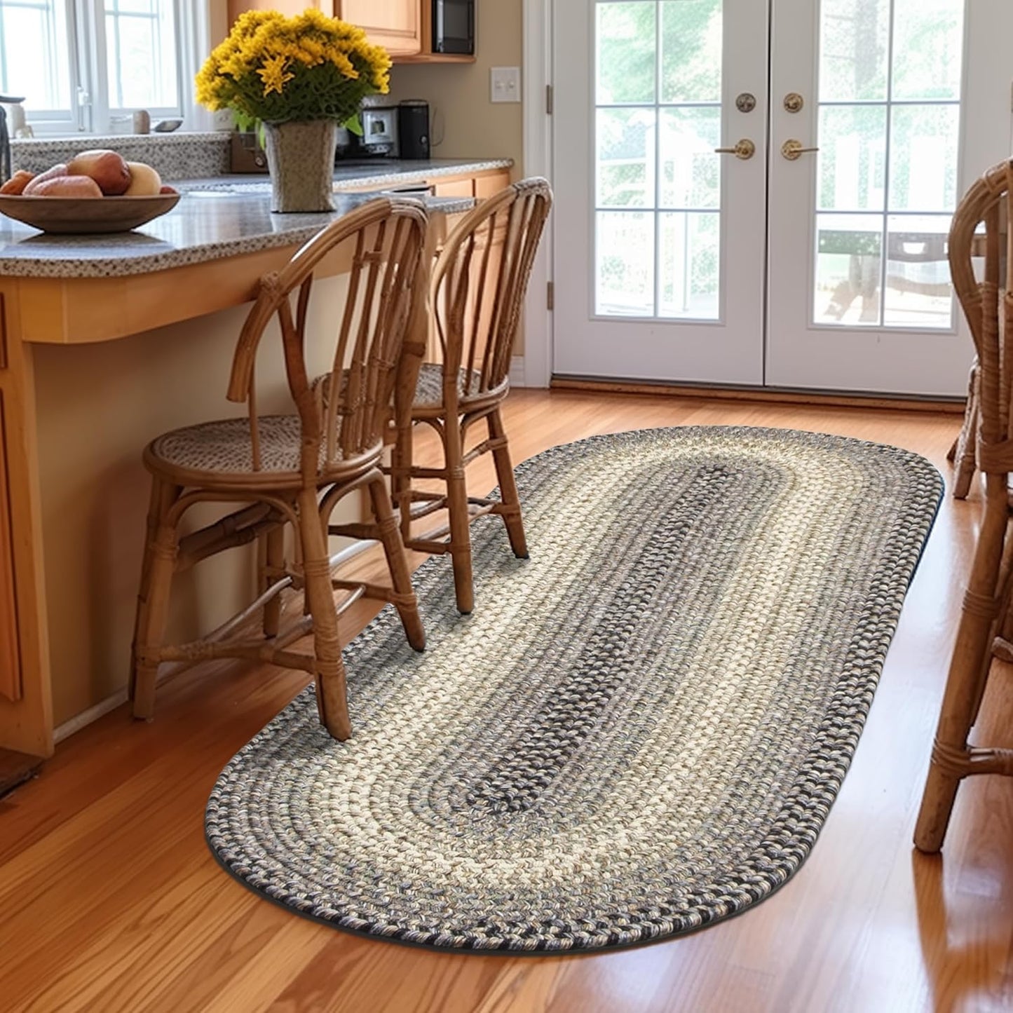Super Area Rugs Braided Rugs Round 4ft Farmhouse Kitchen Rug - Ridgewood Gray Braided Rug for Dining Room Table - Reversible - Indoor/Outdoor - Made in USA - Graphite/Beige, 4' Round