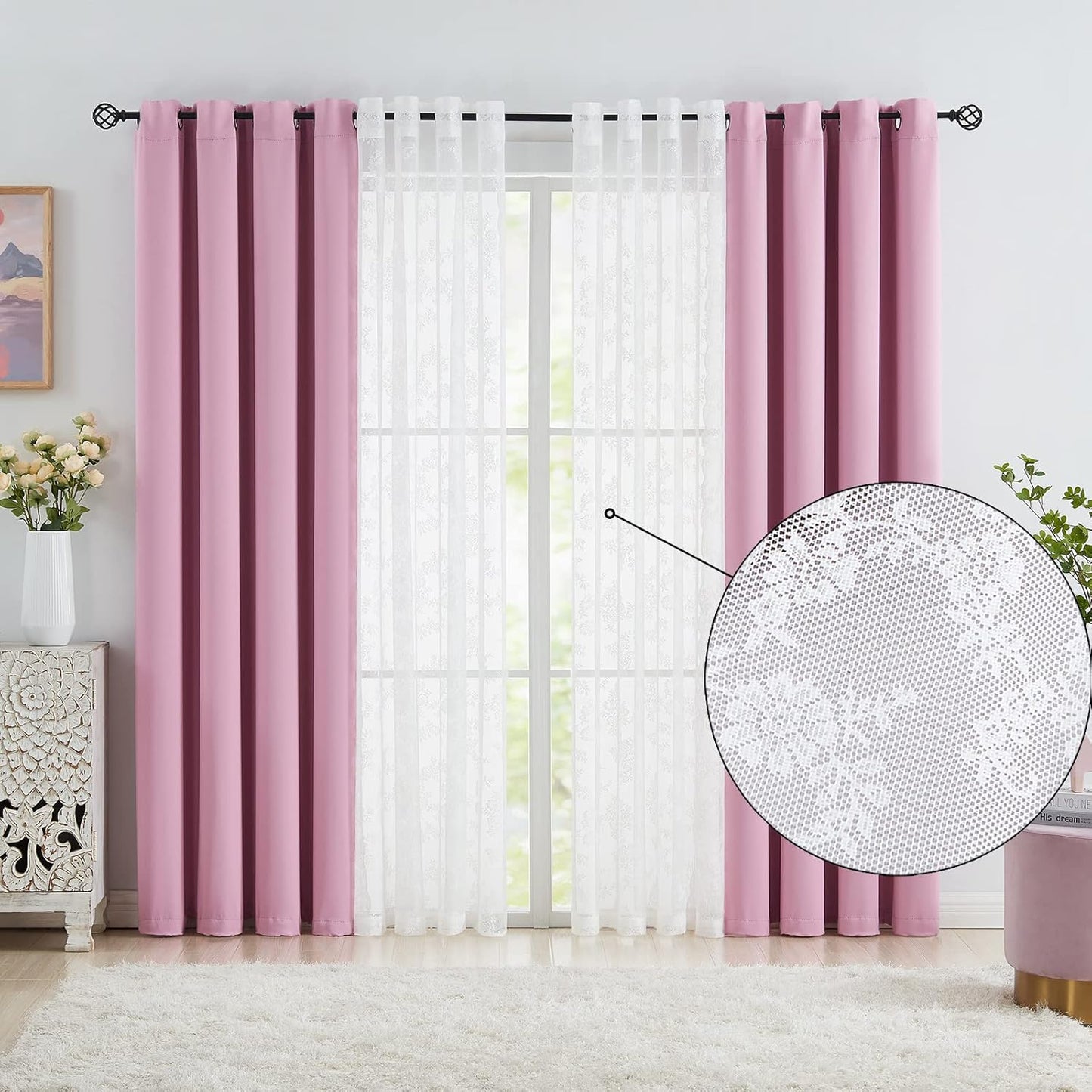 Mix and Match Curtains - Full Blackout White Drapes with Vintage Floral White Lace Panels for Bedroom 84 Inch Length Living Room Solid Thermal Insulated 4 Piece Curtain Set, Grommet Top, 52" W