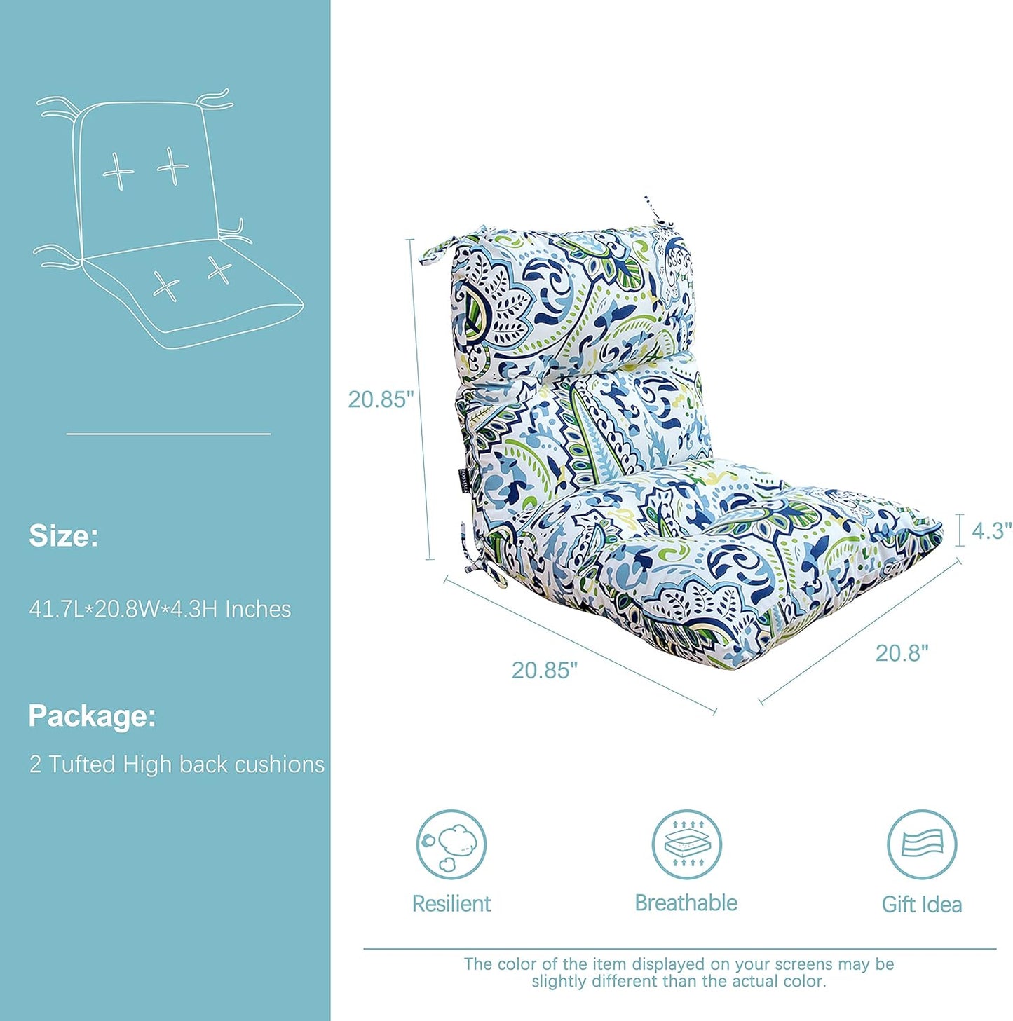 BOSSIMA Outdoor Chair Cushions, Water Resistant Replacement Tufted Cushion for Patio Dining Chair, Set of 2 Green/Blue Paisley