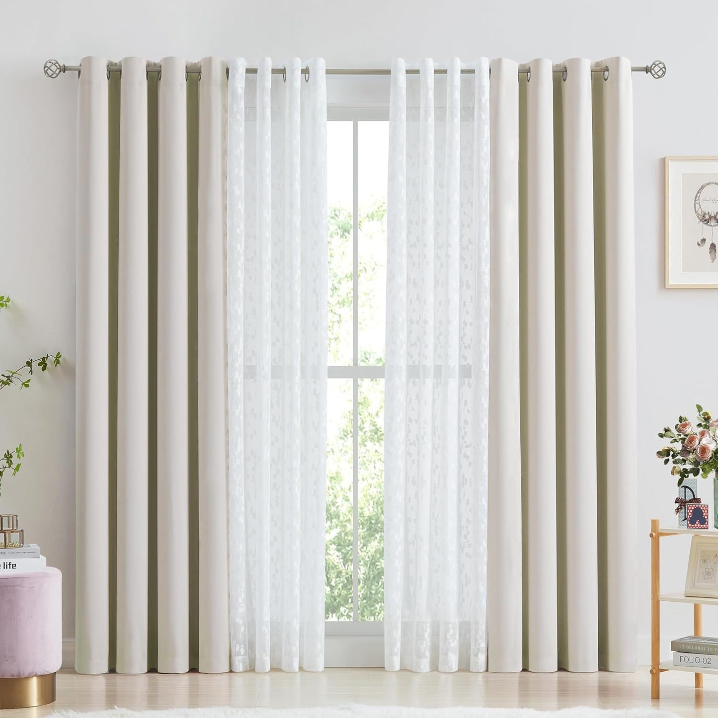 Jubilantex Mix Matched Curtains Leaf Sheer Lace 2 Panels & 2 Full Blackout Curtains Room Darkening Beige Window Treatments for Bedroom Living Room Grommet Top Design 52" W x 84" L Beige & White