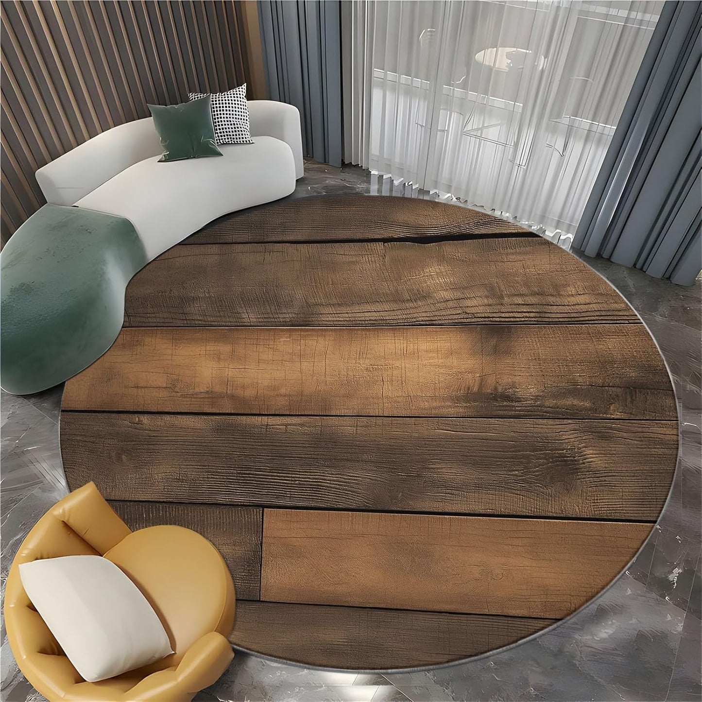 Round Area Rug 7 ft Country Style White Wood House Non-Slip Washable Round Rug, Tan Accent Carpet for Dining Room, Living Room, Bedroom, Entryway and Kitchen