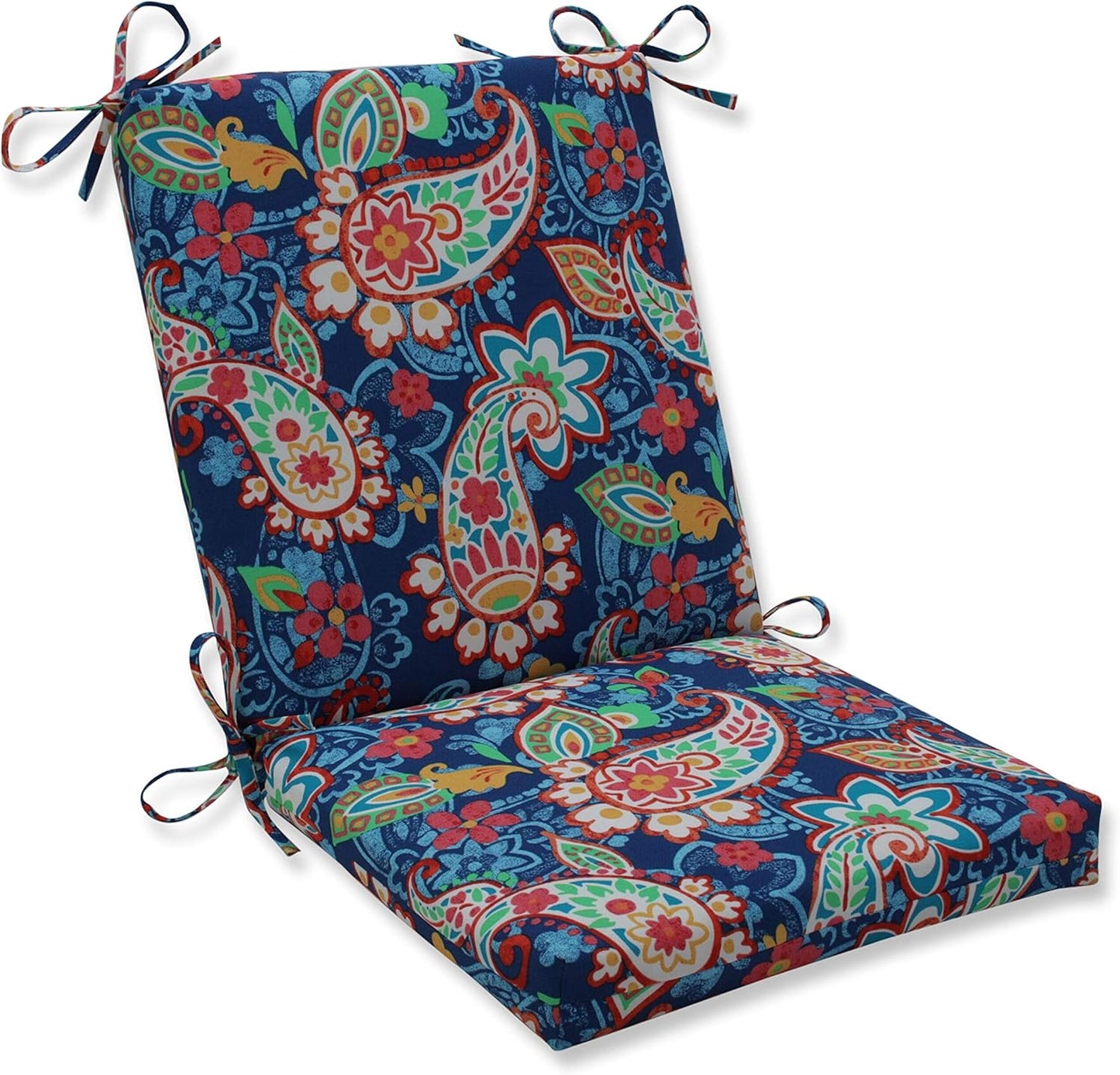 Pillow Perfect Paisley Indoor/Outdoor Solid Back 1 Piece Square Corner Chair Cushion with Ties, Deep Seat, Weather, and Fade Resistant, 36.5" x 18", Blue/Green Pretty,