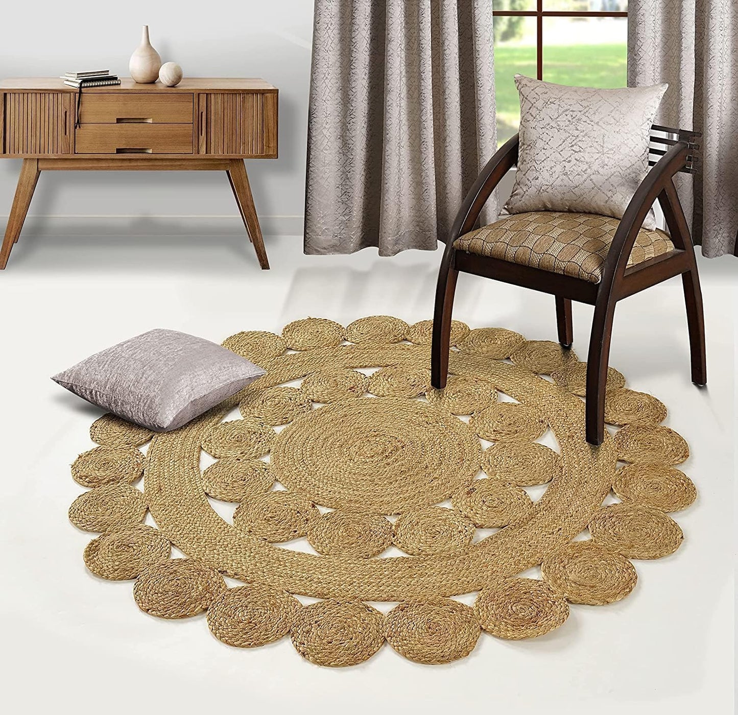 GRUHUM Round Jute Area Rug 9ft Natural Fiber Multicolour Handmade Boho Charm Farmhouse Soft Braided Rustic Vintage Rug for Indoor Kitchen Bedroom Living Room Hallways Enterways(9' feet Round)