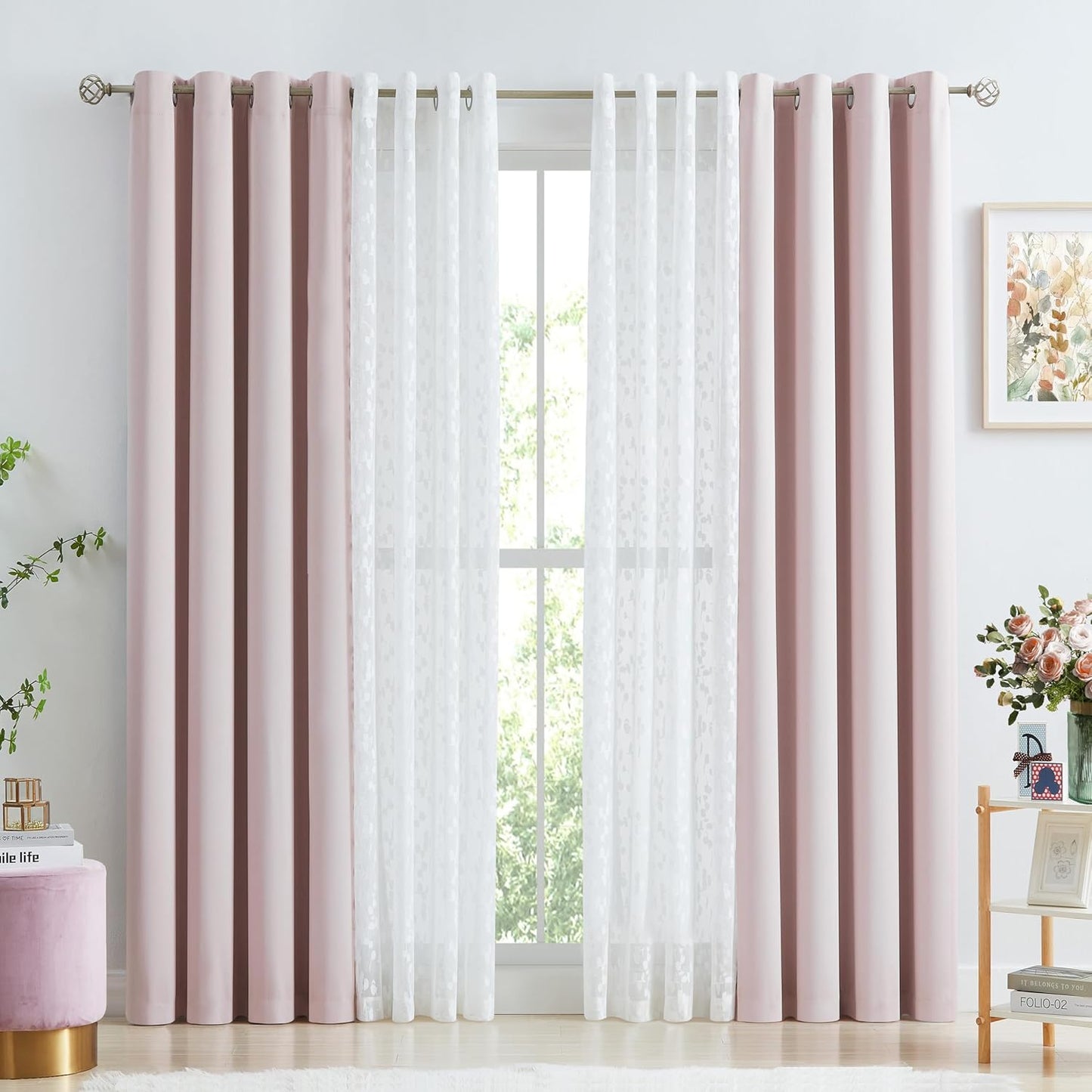 Jubilantex Mix Matched Curtains Leaf Sheer Lace 2 Panels & 2 Full Blackout Curtains Room Darkening Beige Window Treatments for Bedroom Living Room Grommet Top Design 52" W x 84" L Beige & White
