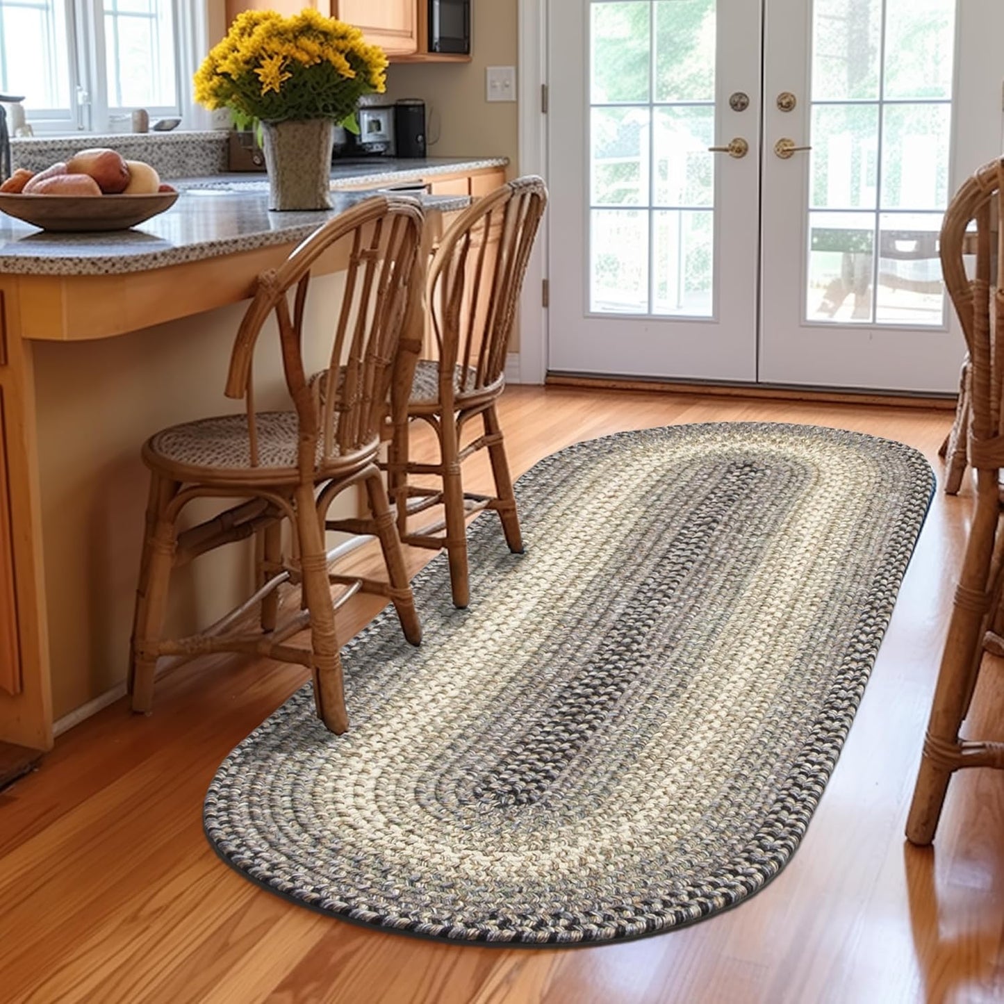 Super Area Rugs Braided Rugs Round 4ft Farmhouse Kitchen Rug - Ridgewood Gray Braided Rug for Dining Room Table - Reversible - Indoor/Outdoor - Made in USA - Graphite/Beige, 4' Round