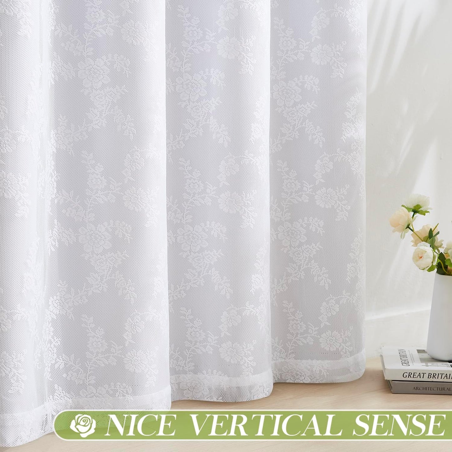 Mix and Match Curtains - Full Blackout White Drapes with Vintage Floral White Lace Panels for Bedroom 84 Inch Length Living Room Solid Thermal Insulated 4 Piece Curtain Set, Grommet Top, 52" W