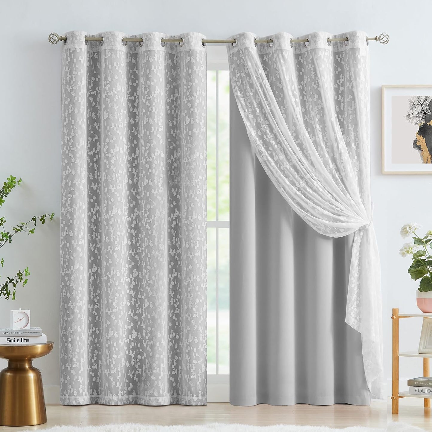 Jubilantex Mix Matched Curtains Leaf Sheer Lace 2 Panels & 2 Full Blackout Curtains Room Darkening Beige Window Treatments for Bedroom Living Room Grommet Top Design 52" W x 84" L Beige & White