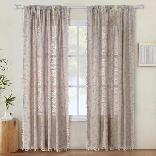 JOOJA Boho Vintage Farmhouse Curtains 96 Inch Beige Patchwork Crochet Window Treatments with Tassels Crochet Lace 2 Panels Floral Patterned Drapes for Bedroom Living Room Boho Curtains 59x96