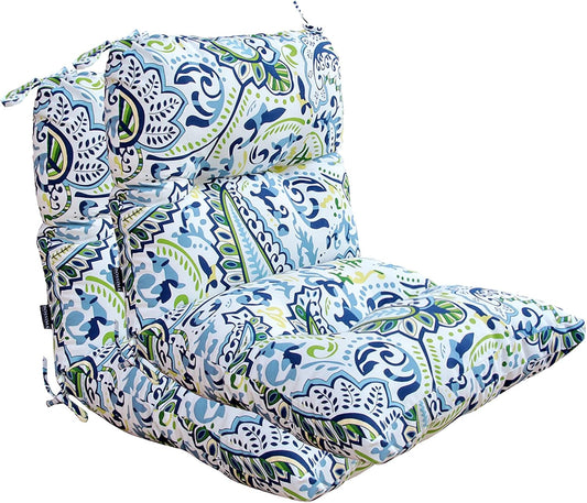 BOSSIMA Outdoor Chair Cushions, Water Resistant Replacement Tufted Cushion for Patio Dining Chair, Set of 2 Green/Blue Paisley