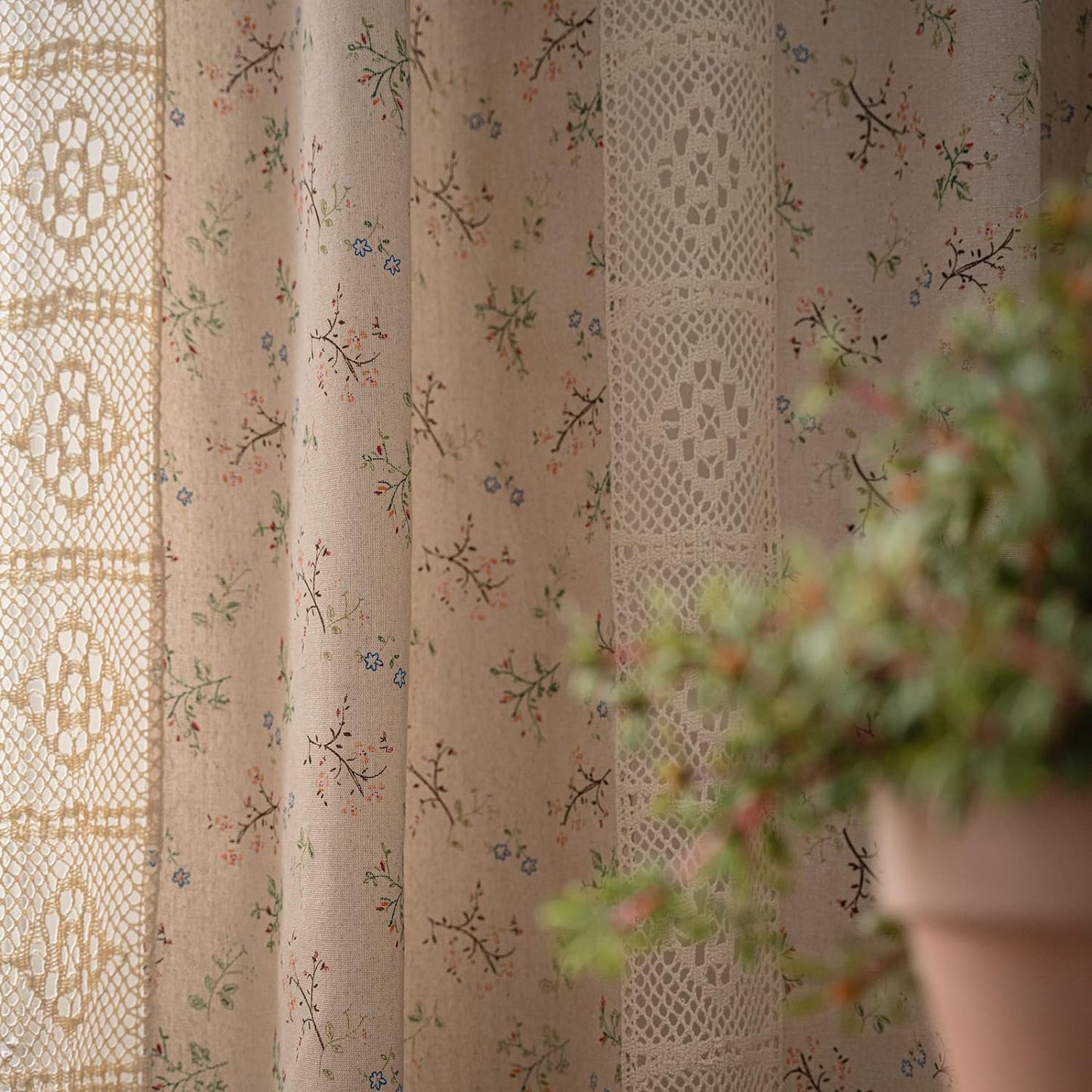 ENJOYBRIDAL Floral Curtains 84 Inch Length 2 Panels Crochet Lace Patchwork Drapes Semi-Sheer Boho Tassel Bedroom Living Room Farmhouse Beige Country Rustic Rod Pocket Window Curtain Panels