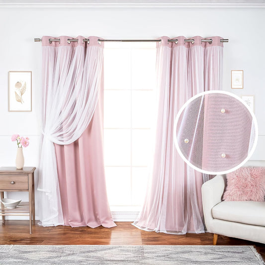 Best Home Fashion Pearl Beaded Lace Overlay Blackout Curtain Set, Double Layer Silver Grommet Thermal Insulated Window Panels for Bedroom, Living Room, Dining Room- 52" W x 84" L, Dustypink