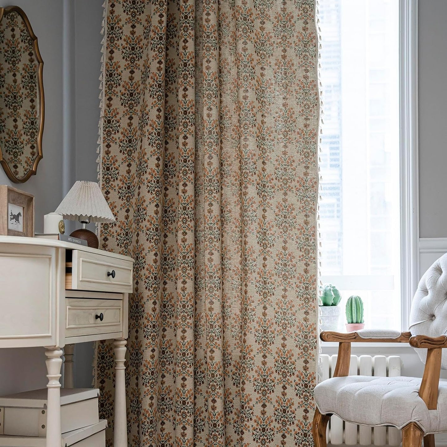 ENJOYBRIDAL Floral Curtains 84 Inch Length 2 Panels Vintage Flower Patterned Drapes Boho Semi Sheer Tassel Rustic Country Rod Pocket Botanical Farmhouse Window Curtain Panels for Bedroom Living Room