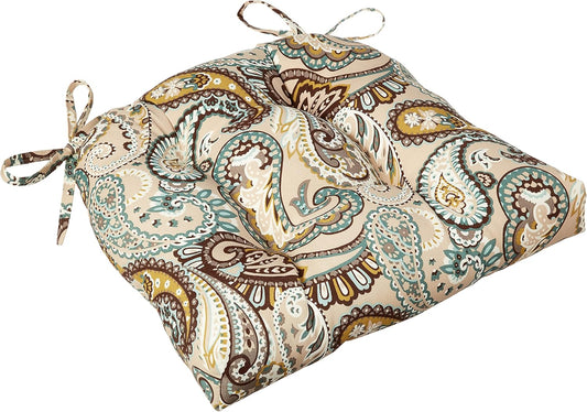 Pillow Perfect Paisley Indoor/Outdoor Chairpad with Ties, Tufted, Weather, and Fade Resistant, 17" x 17.5", Blue/Brown Tamara Quartz, 2 Count