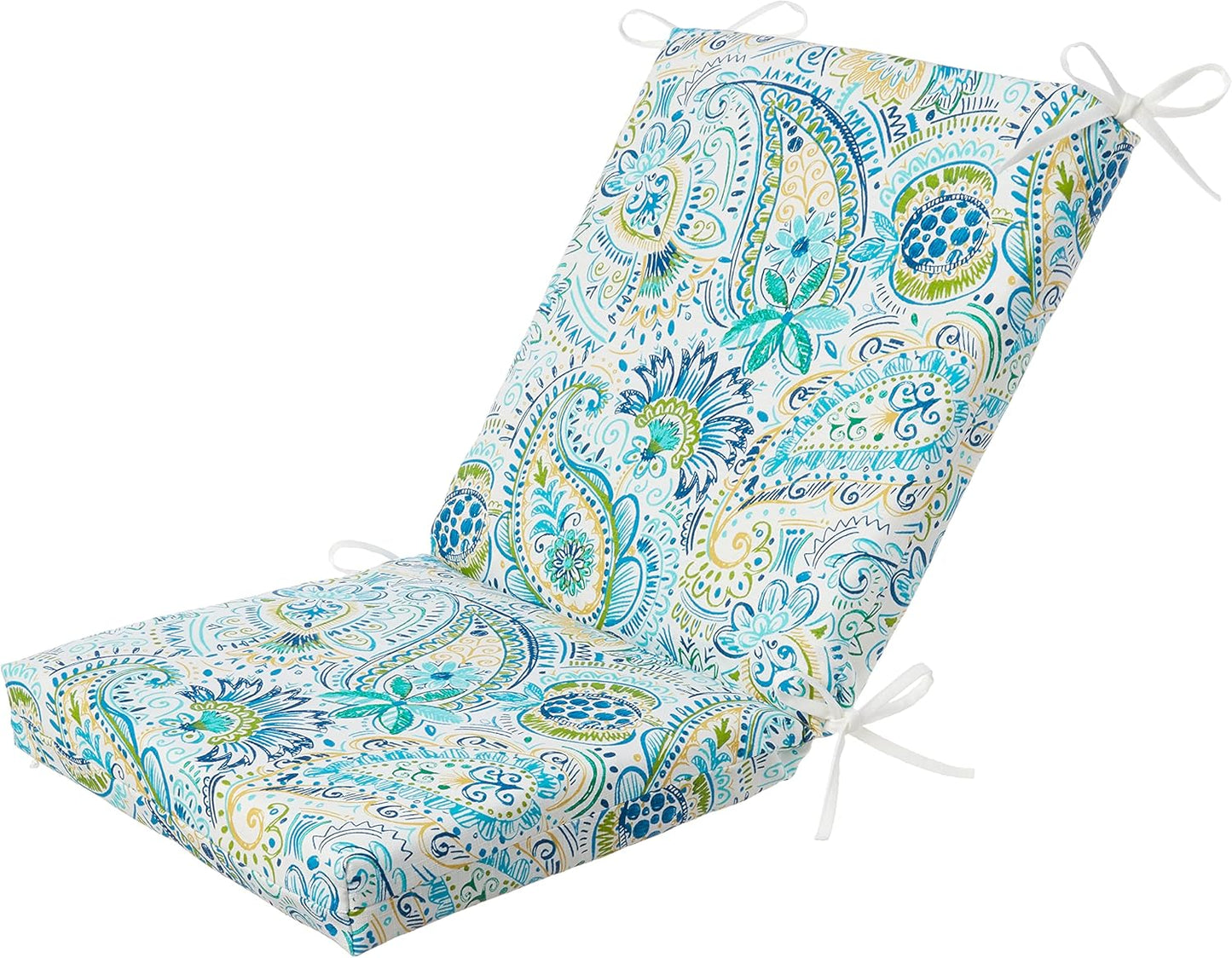 Pillow Perfect Paisley Indoor/Outdoor Solid Back 1 Piece Square Corner Chair Cushion with Ties, Deep Seat, Weather, and Fade Resistant, 36.5" x 18", Blue/Green Pretty,