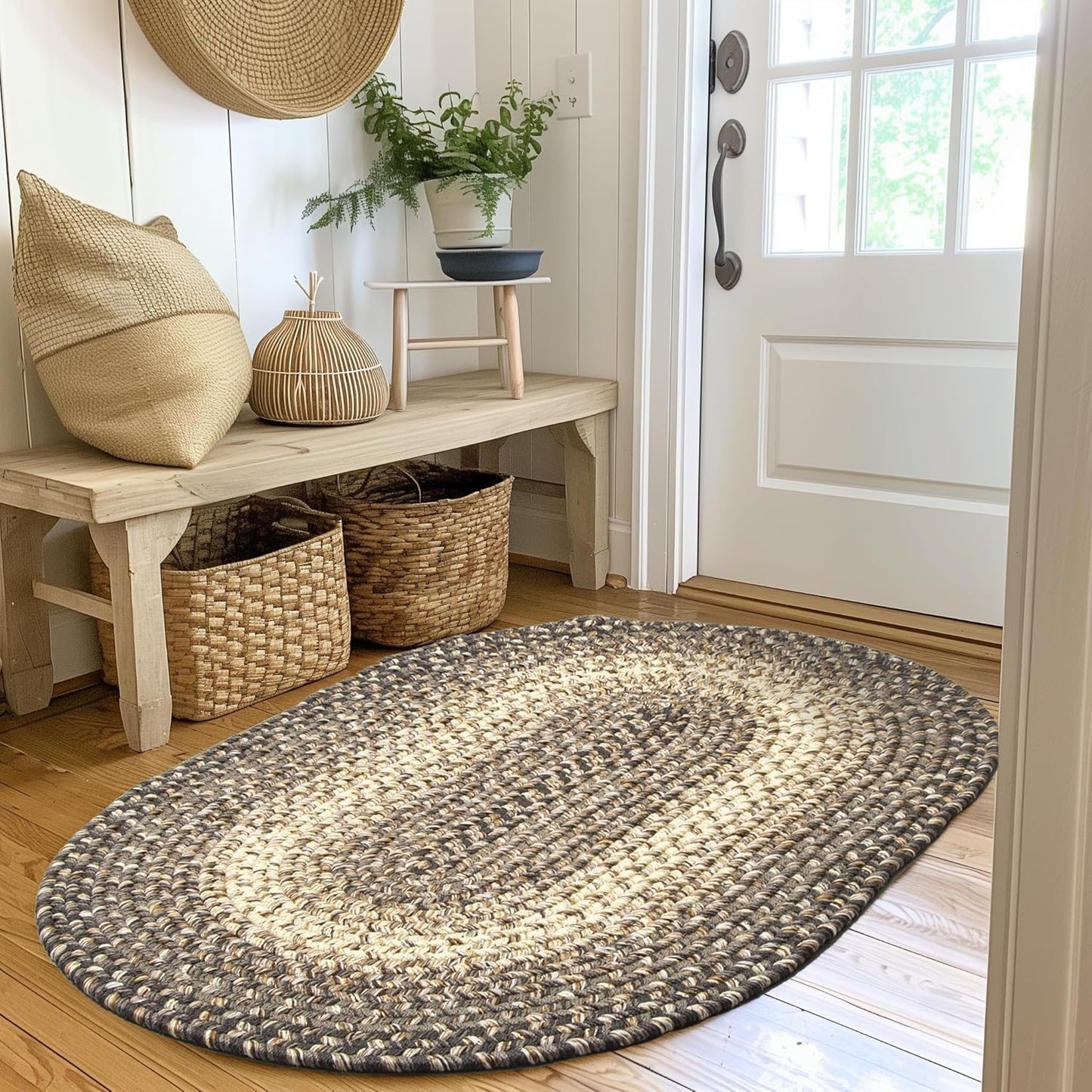 Super Area Rugs Braided Rugs Round 4ft Farmhouse Kitchen Rug - Ridgewood Gray Braided Rug for Dining Room Table - Reversible - Indoor/Outdoor - Made in USA - Graphite/Beige, 4' Round