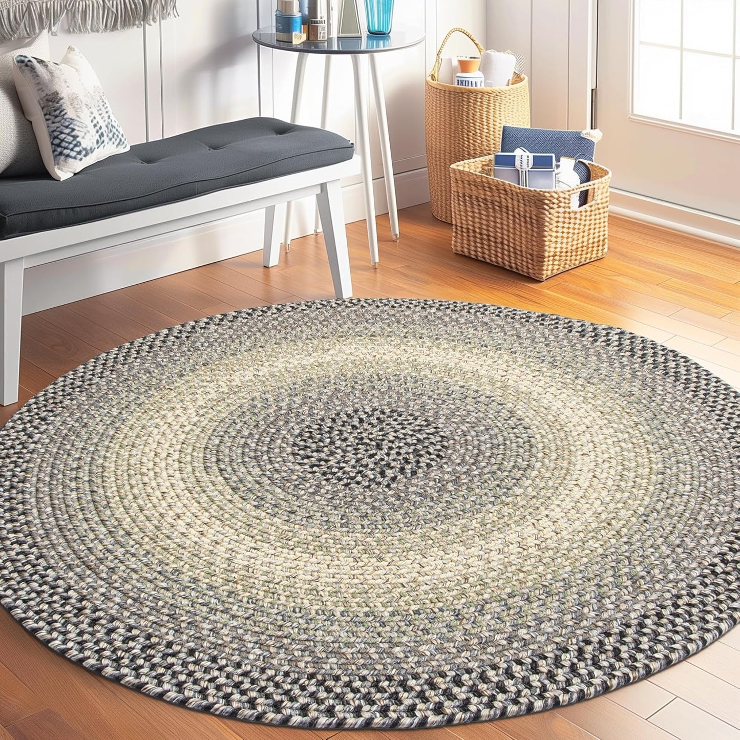 Super Area Rugs Braided Rugs Round 4ft Farmhouse Kitchen Rug - Ridgewood Gray Braided Rug for Dining Room Table - Reversible - Indoor/Outdoor - Made in USA - Graphite/Beige, 4' Round