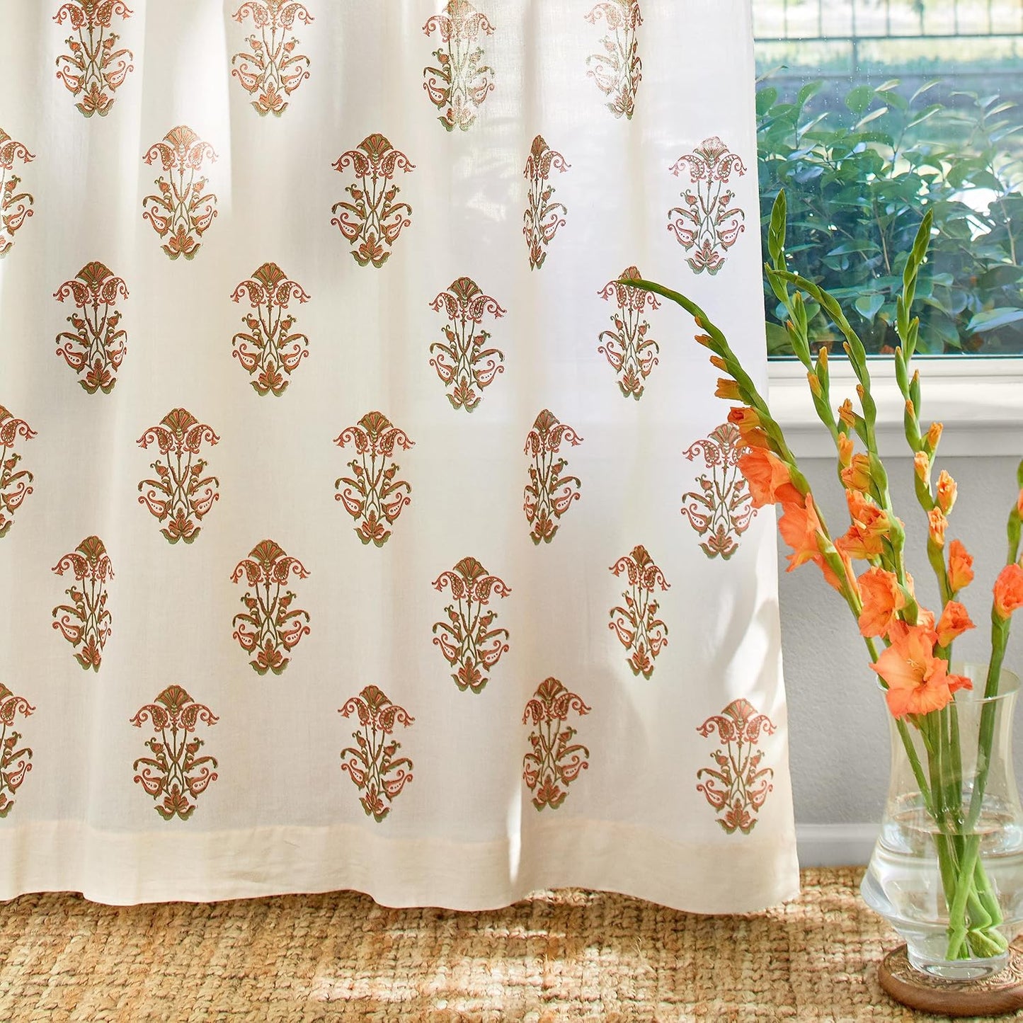 White Sheer Curtain Panel with Tieback, Ivy Lace Leaf Design Tab Top for Light Filtering & Privacy 100% Cotton Voile Hand Block Printed 44 x 84 Inches