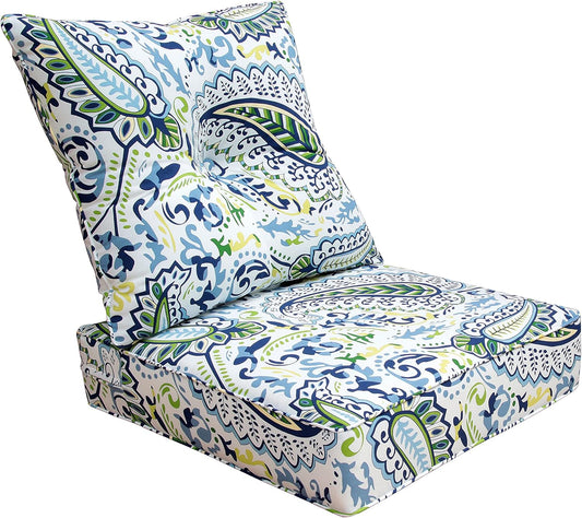 BOSSIMA Indoor/Outdoor Deep Seat Chair Cushion Set,Spring/Summer Seasonal Replacement Cushions Green/Blue Paisley