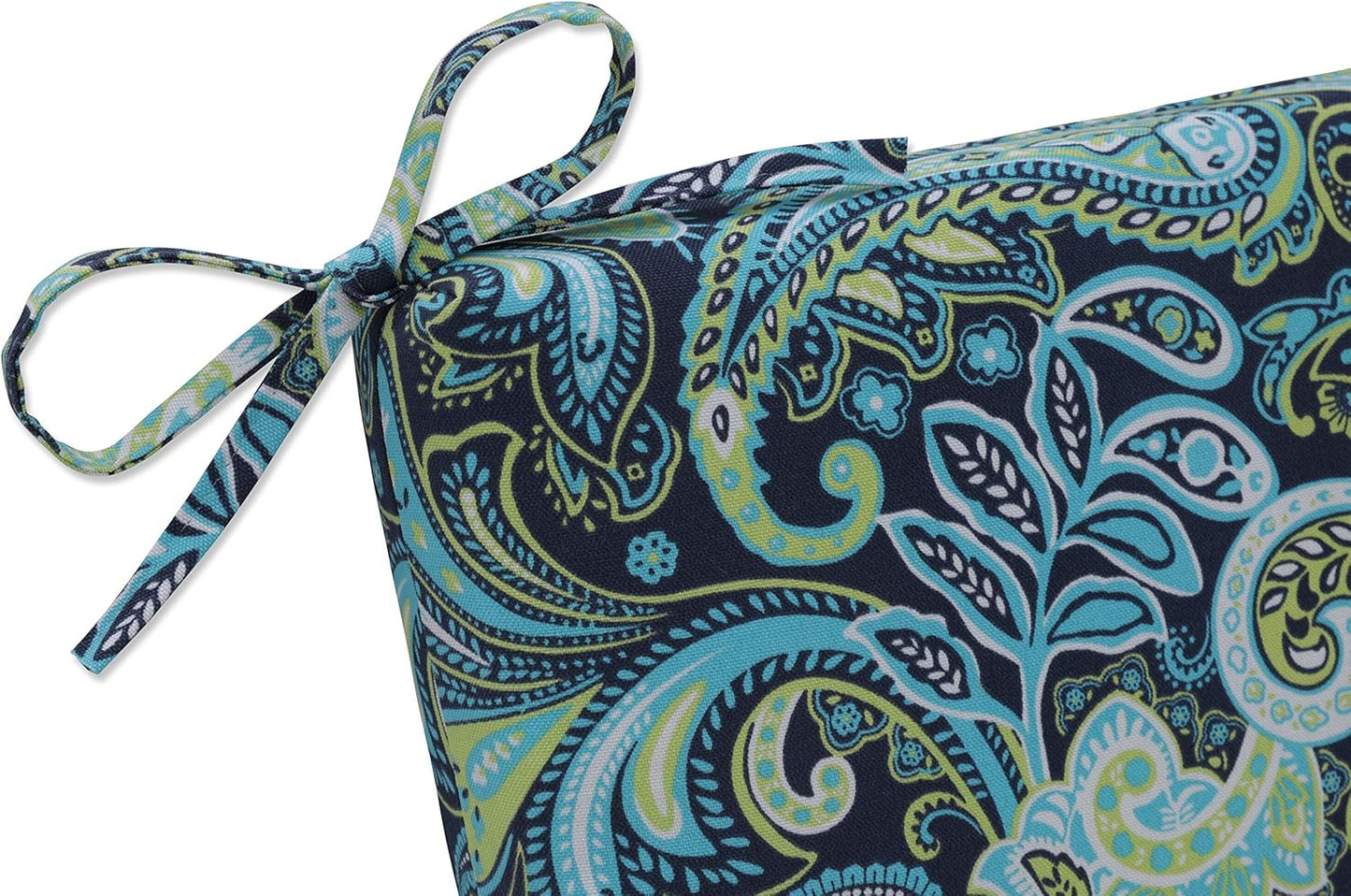 Pillow Perfect Paisley Indoor/Outdoor Solid Back 1 Piece Square Corner Chair Cushion with Ties, Deep Seat, Weather, and Fade Resistant, 36.5" x 18", Blue/Green Pretty,