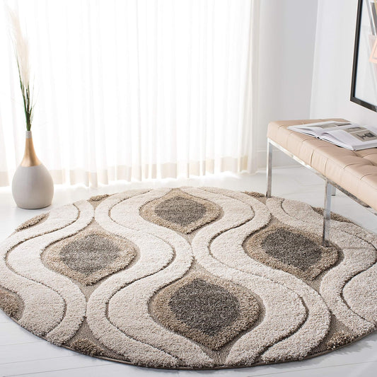 SAFAVIEH Florida Shag Collection Area Rug - 6'7" Round, Cream & Smoke, Modern Ogee Design, Non-Shedding & Easy Care, 1.2-inch Thick Ideal for High Traffic Areas in Living Room, Bedroom (SG461-1179)