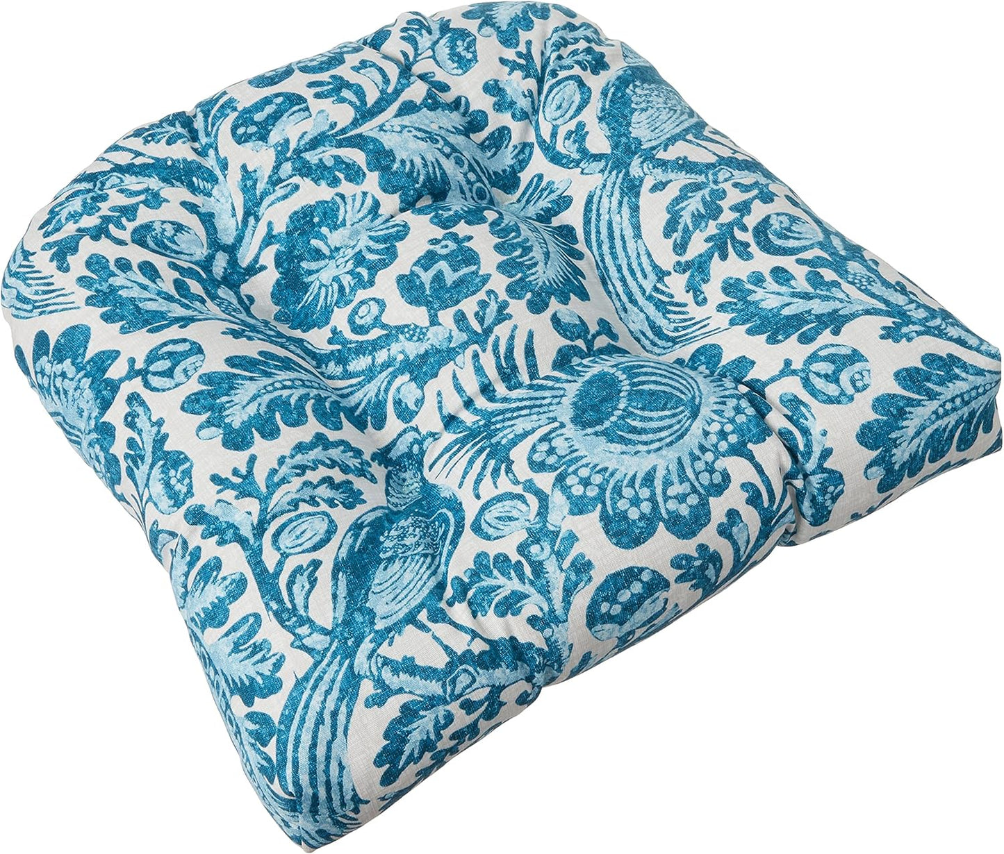 Pillow Perfect Floral Indoor/Outdoor Chair Seat Cushion, Tufted, Weather, and Fade Resistant, 19" x 19", Blue/Yellow Spring Bling, 2 Count