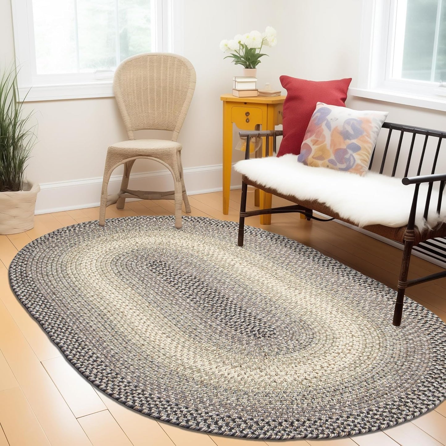 Super Area Rugs Braided Rugs Round 4ft Farmhouse Kitchen Rug - Ridgewood Gray Braided Rug for Dining Room Table - Reversible - Indoor/Outdoor - Made in USA - Graphite/Beige, 4' Round