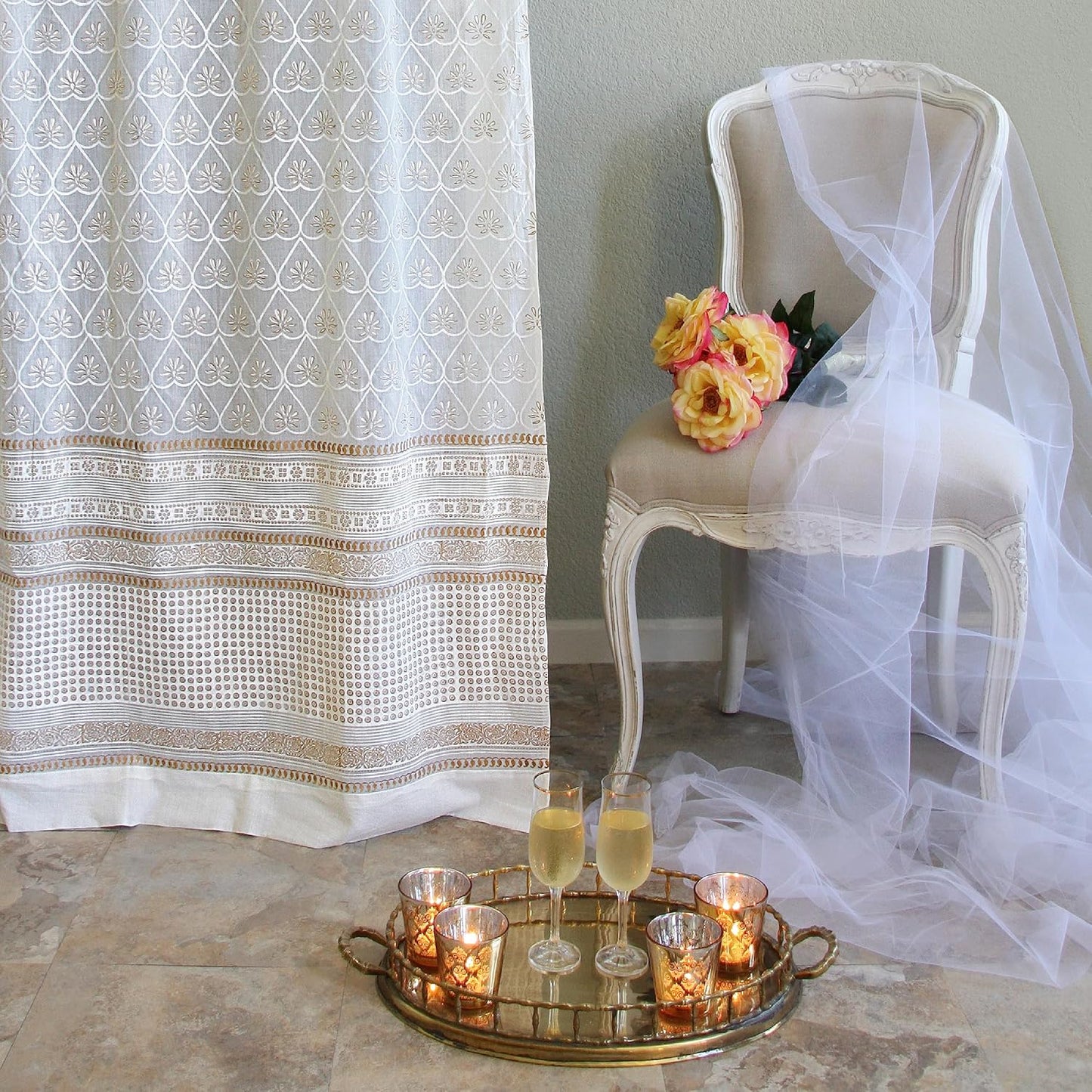White Sheer Curtain Panel with Tieback, Ivy Lace Leaf Design Tab Top for Light Filtering & Privacy 100% Cotton Voile Hand Block Printed 44 x 84 Inches
