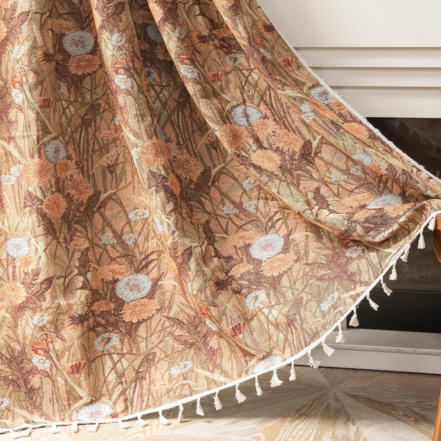 ENJOYBRIDAL Floral Curtains 84 Inch Length 2 Panels Vintage Flower Patterned Drapes Boho Semi Sheer Tassel Rustic Country Rod Pocket Botanical Farmhouse Window Curtain Panels for Bedroom Living Room