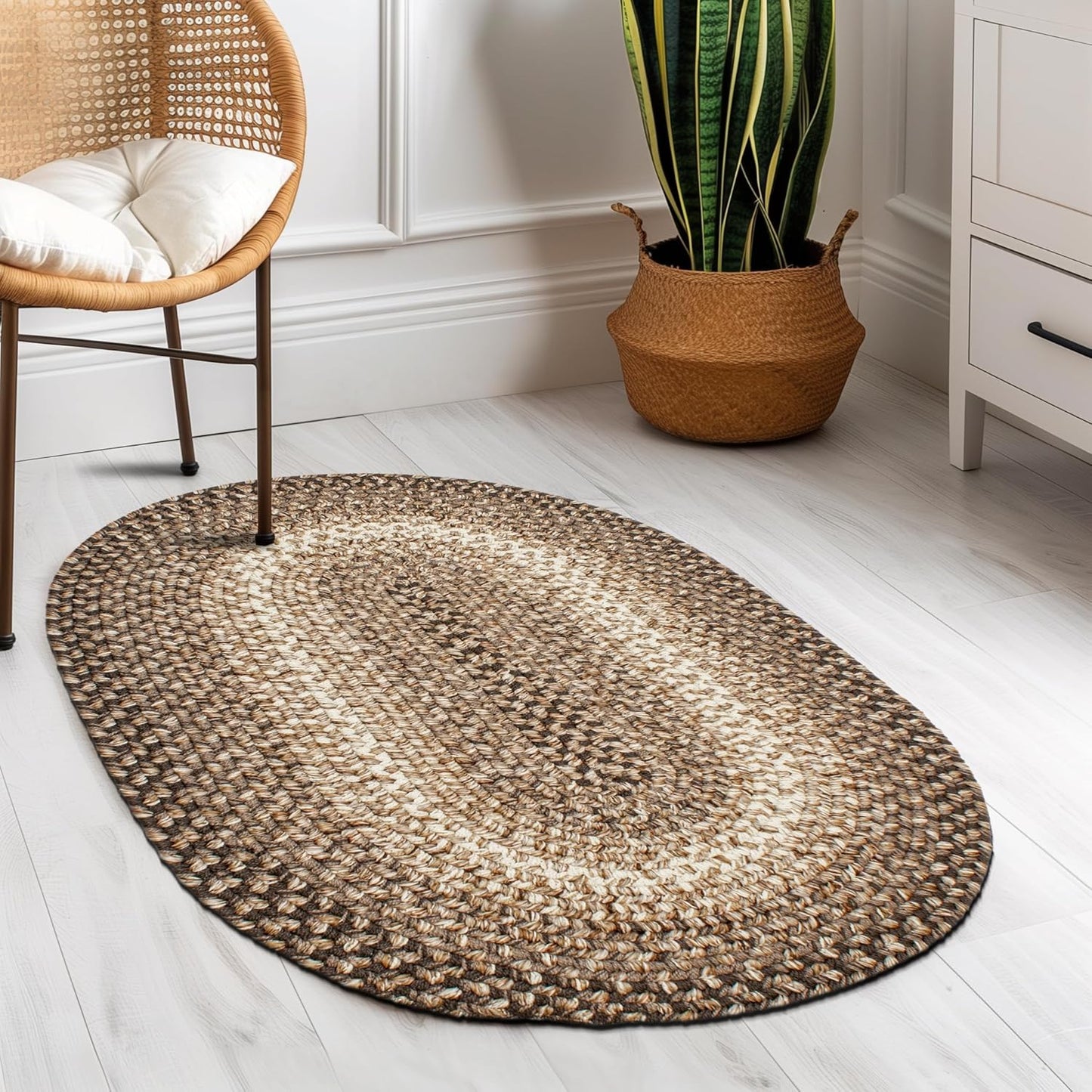 Super Area Rugs Braided Rugs Round 4ft Farmhouse Kitchen Rug - Ridgewood Gray Braided Rug for Dining Room Table - Reversible - Indoor/Outdoor - Made in USA - Graphite/Beige, 4' Round