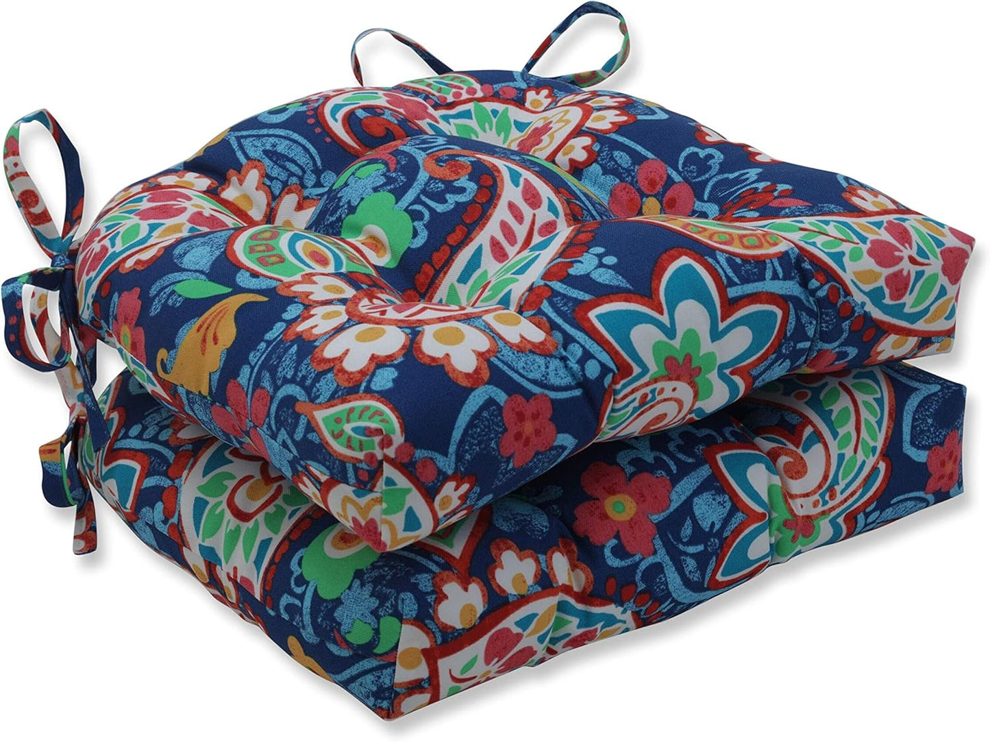 Pillow Perfect Paisley Indoor/Outdoor Chairpad with Ties, Tufted, Weather, and Fade Resistant, 17" x 17.5", Blue/Brown Tamara Quartz, 2 Count