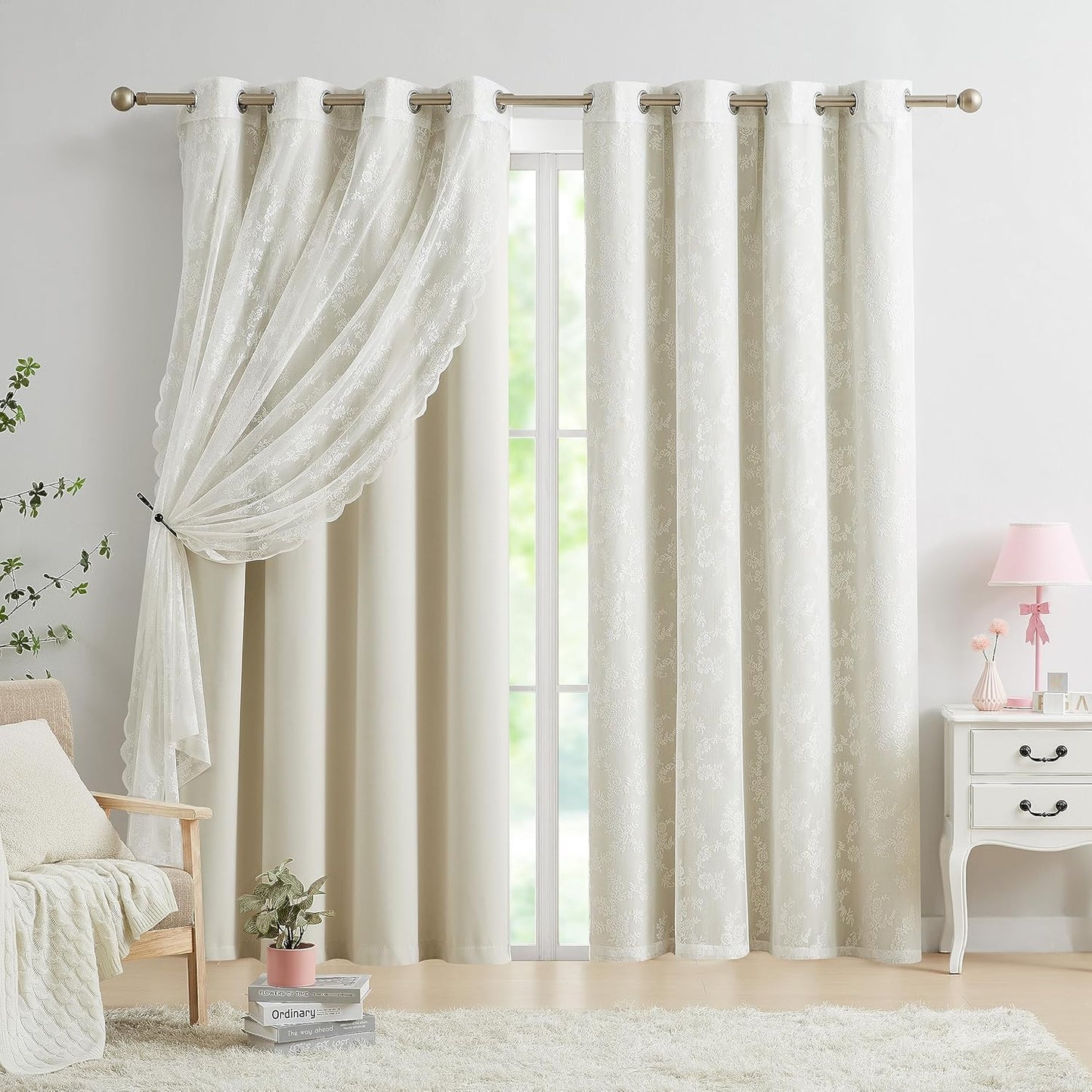 Mix and Match Curtains - Full Blackout White Drapes with Vintage Floral White Lace Panels for Bedroom 84 Inch Length Living Room Solid Thermal Insulated 4 Piece Curtain Set, Grommet Top, 52" W