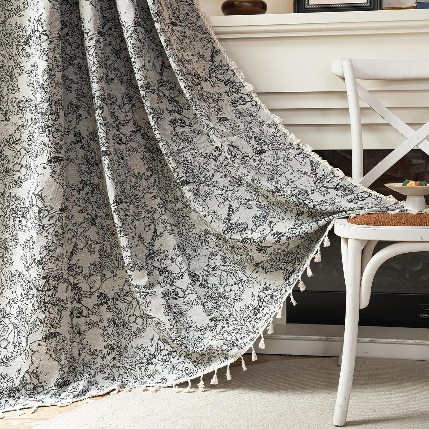 ENJOYBRIDAL Floral Curtains 84 Inch Length 2 Panels Vintage Flower Patterned Drapes Boho Semi Sheer Tassel Rustic Country Rod Pocket Botanical Farmhouse Window Curtain Panels for Bedroom Living Room