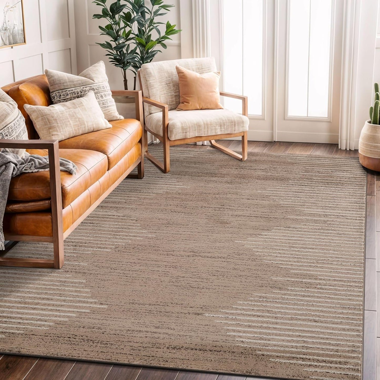Rugshop Bohemian Stripe Stain Resistant High Traffic Living Room Kitchen Bedroom Dining Home Office Round Rug 8' Cream
