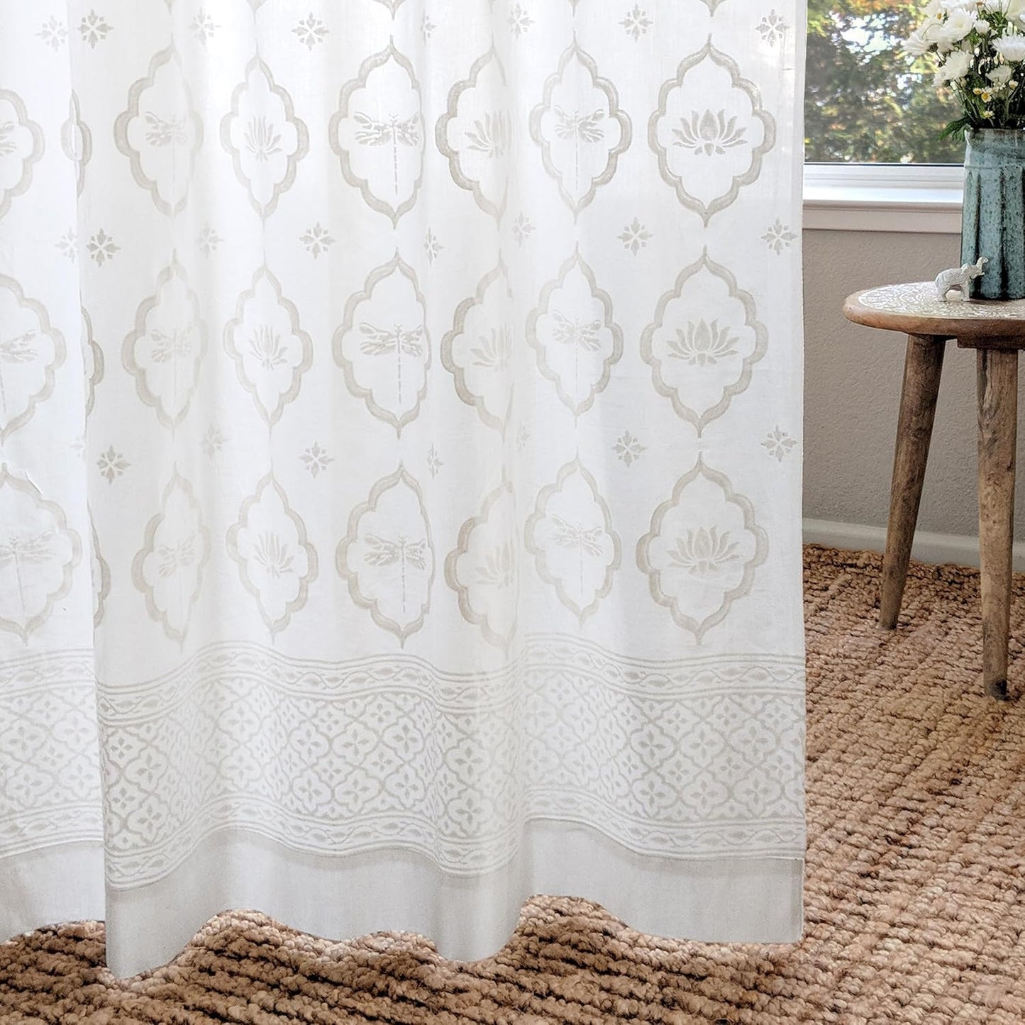 White Sheer Curtain Panel with Tieback, Ivy Lace Leaf Design Tab Top for Light Filtering & Privacy 100% Cotton Voile Hand Block Printed 44 x 84 Inches