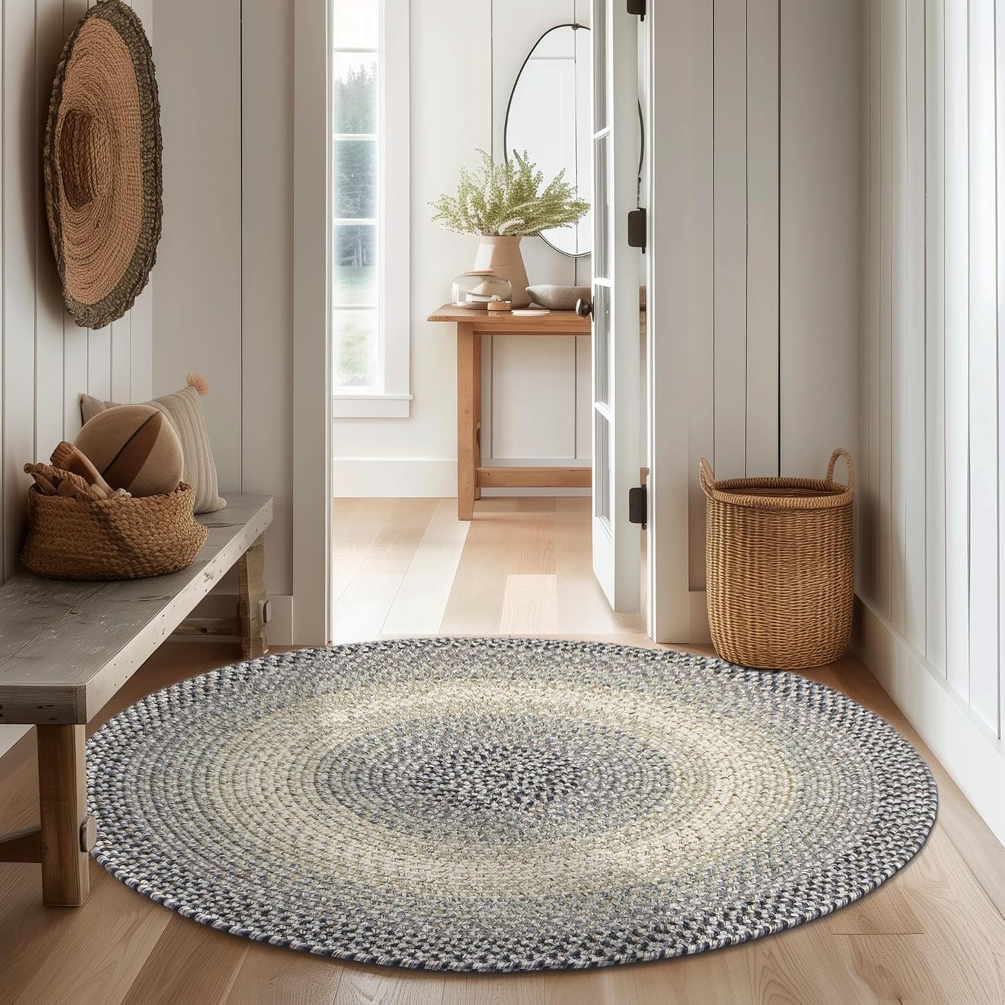 Super Area Rugs Braided Rugs Round 4ft Farmhouse Kitchen Rug - Ridgewood Gray Braided Rug for Dining Room Table - Reversible - Indoor/Outdoor - Made in USA - Graphite/Beige, 4' Round